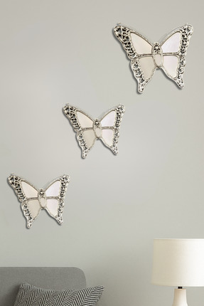 3D AKSESUAR DÜNYASI Üçlü Aynalı Kelebek Duvar Süsü Beyaz