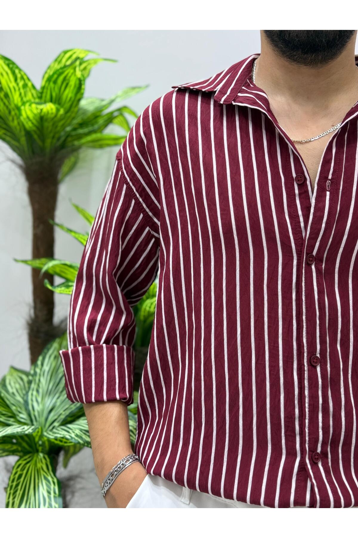 Erkek Olive Efektif Keten Oversize Çizgili Gömlek — زرشکی Eşref-1 — تصویر 5 از 5