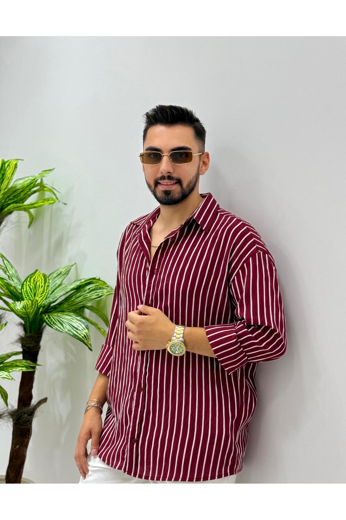 Erkek Olive Efektif Keten Oversize Çizgili Gömlek — زرشکی Eşref-1 — تصویر 4 از 5