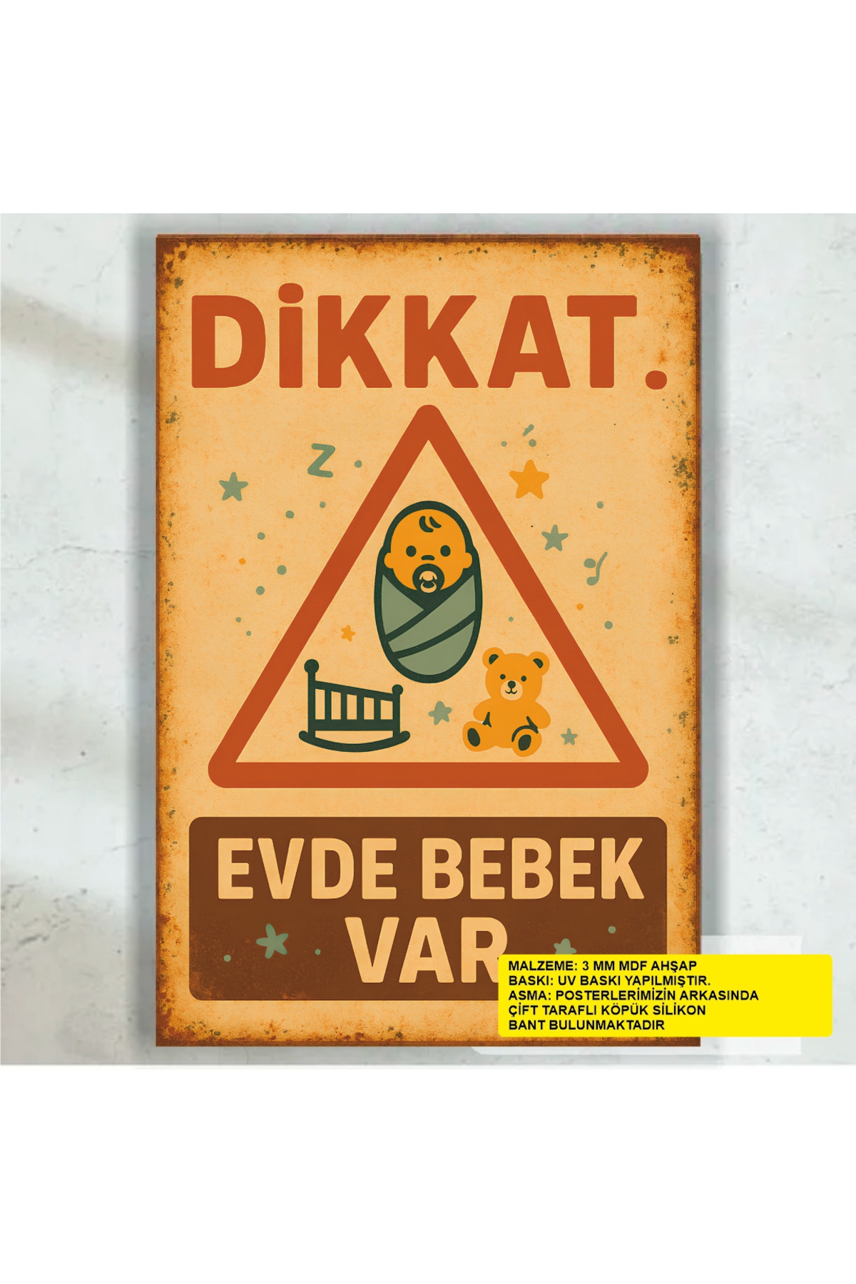 attention there is a baby at home door bell warning sign birth gift retro wooden poster table
