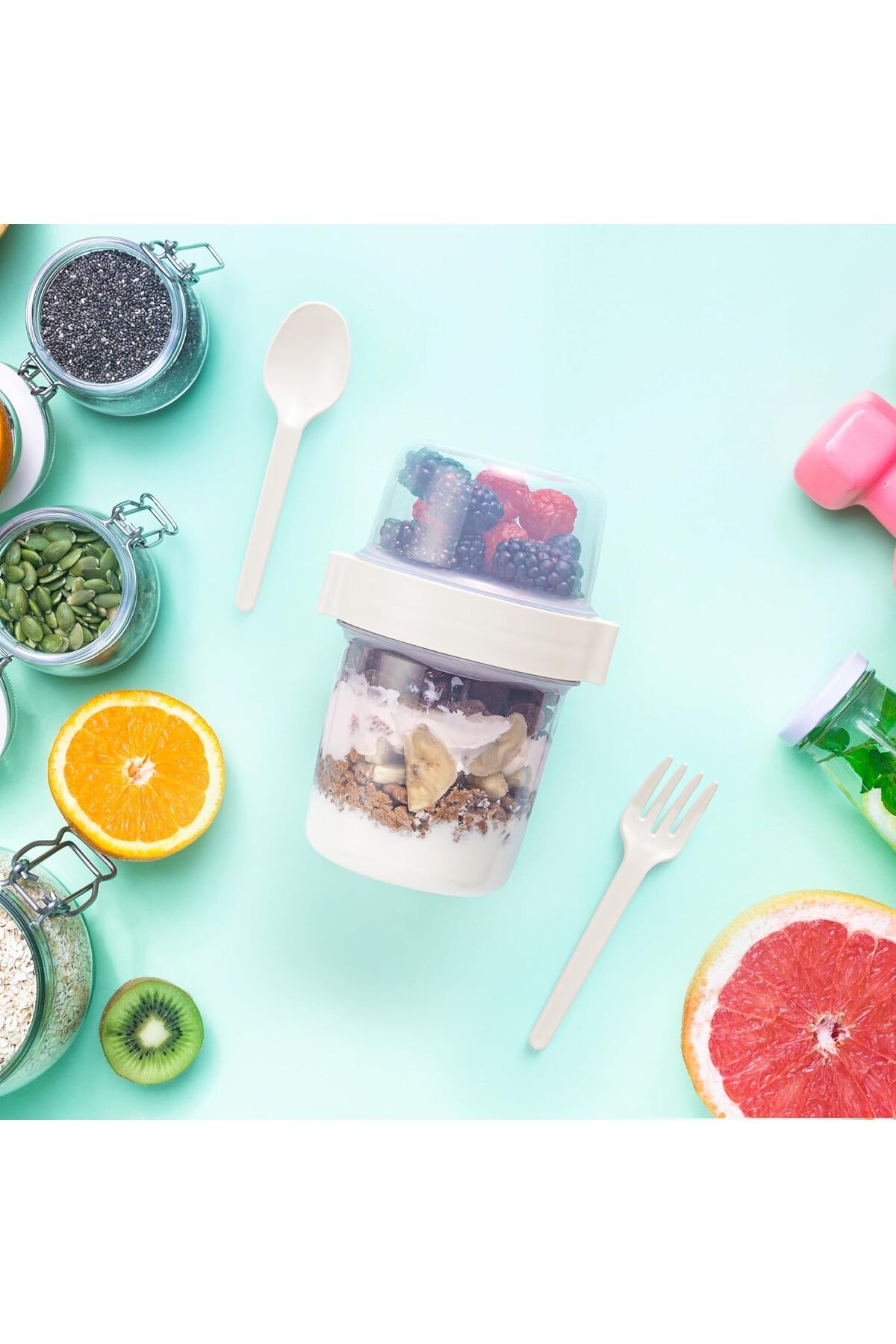 Righton-650 ml Takengo Fruit Yogurt and Muesli Container with Spoon and Bowl Practical Portable Cup with Lid 5