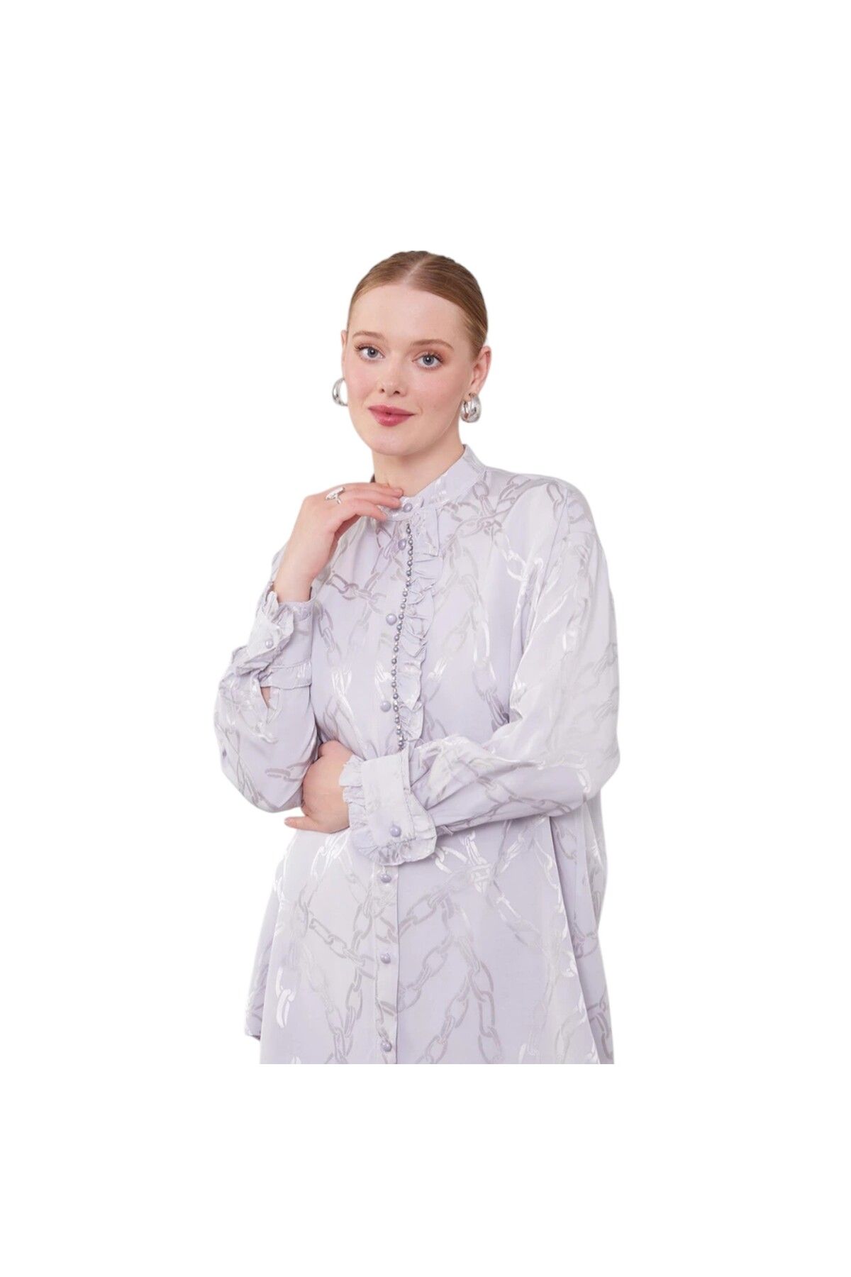 Levidor-Ruffle Button Detailed Chain Pattern Double Suit 3