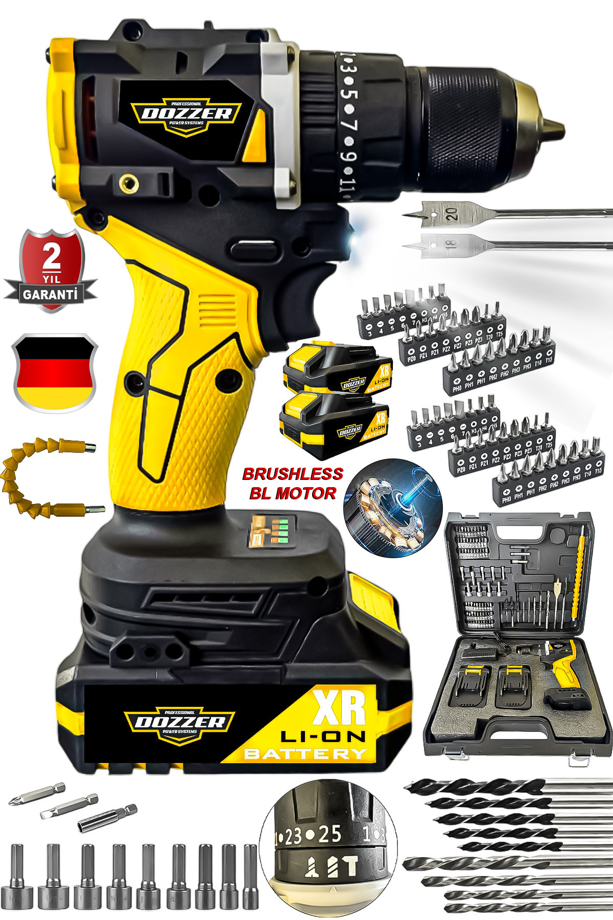 DOZZER DZ2100 21 V Darbeli Kömürsüz BL Motor 82 Parça Akülü Şarjlı Darbeli Vidalama Matkap