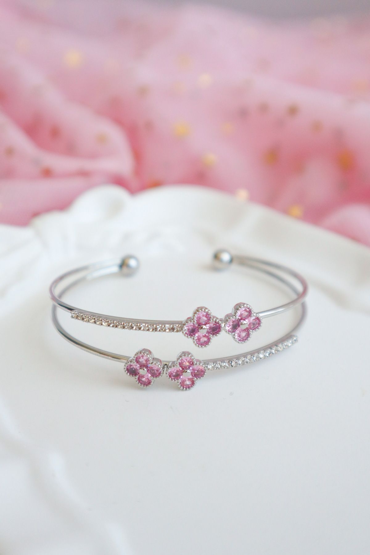 EFBUTİK-Silver Clover Stone Cuff Bracelet 1
