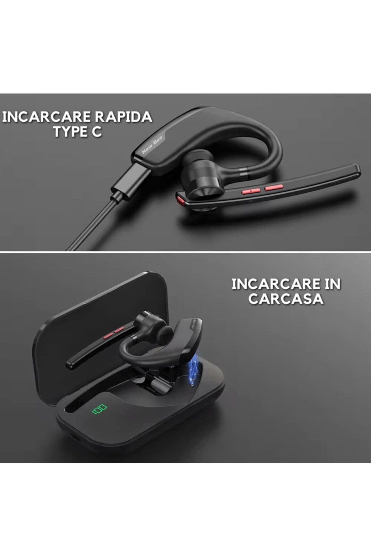 New Bee-Căști Bluetooth fără fir, baterie de 500 mAh cu autonomie de 60 de ore, cu microfon dual CVC 8.0 9