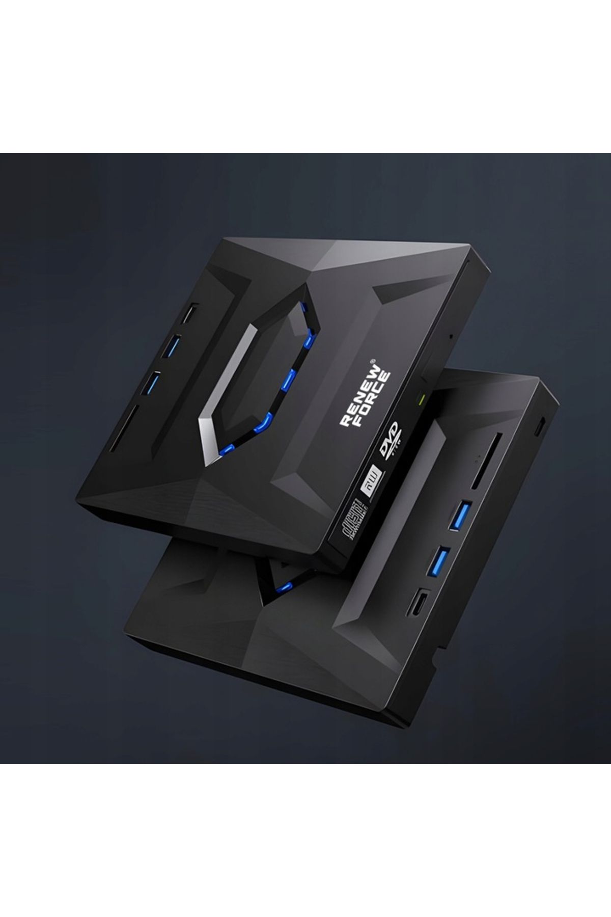 Renew Force-Unitate optică externă CD/DVD RW 5 în 1, USB 3.0, port USB-C, cititor de carduri SD și MicroSD, arzător de disc 9