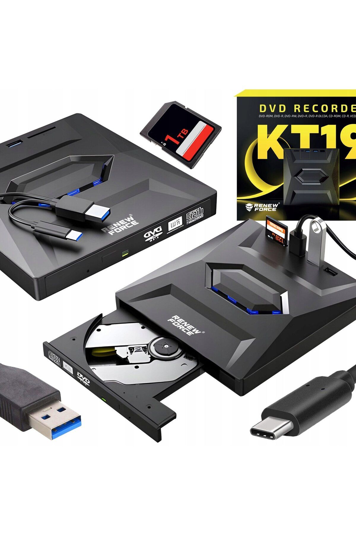 Renew Force-Unitate optică externă CD/DVD RW 5 în 1, USB 3.0, port USB-C, cititor de carduri SD și MicroSD, arzător de disc 2