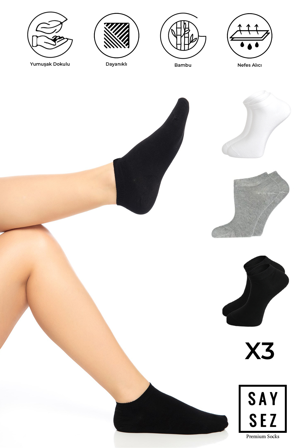 Bamboo Women's Booties Plain Black-White-Grey Socks Seamless Premium 3-Pack