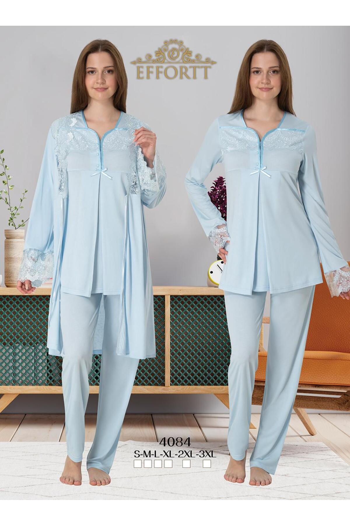 EM&FA TEKSTİL Effort Hamile Lohusa Dantel Detaylı Sabahlıklı Pijama Takımı