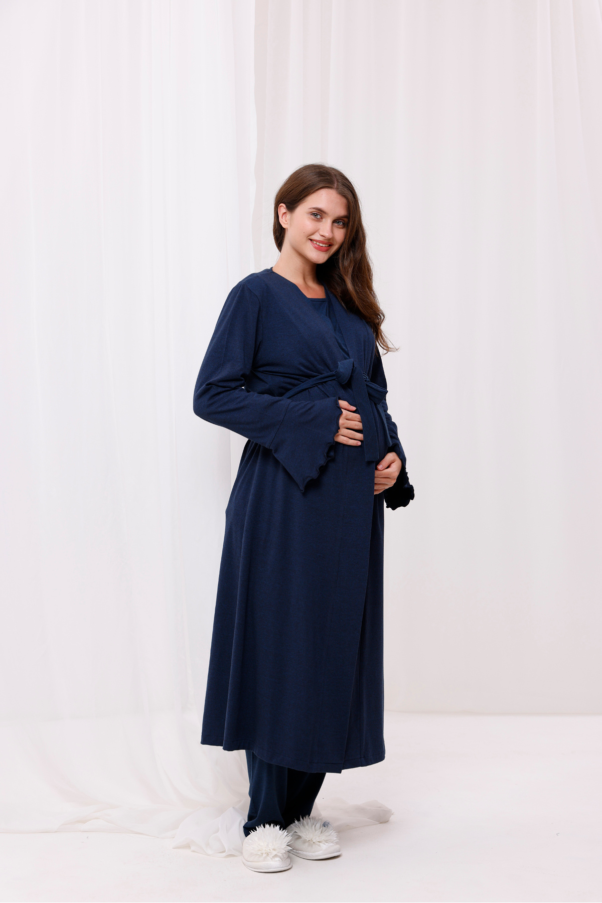 Yulem Homewear Lacivert Kruvaze Uzun Sabahlıklı Emzirme Özellikli Lohusa Hamile Sabahlık 3'lü Pijama Takım Set