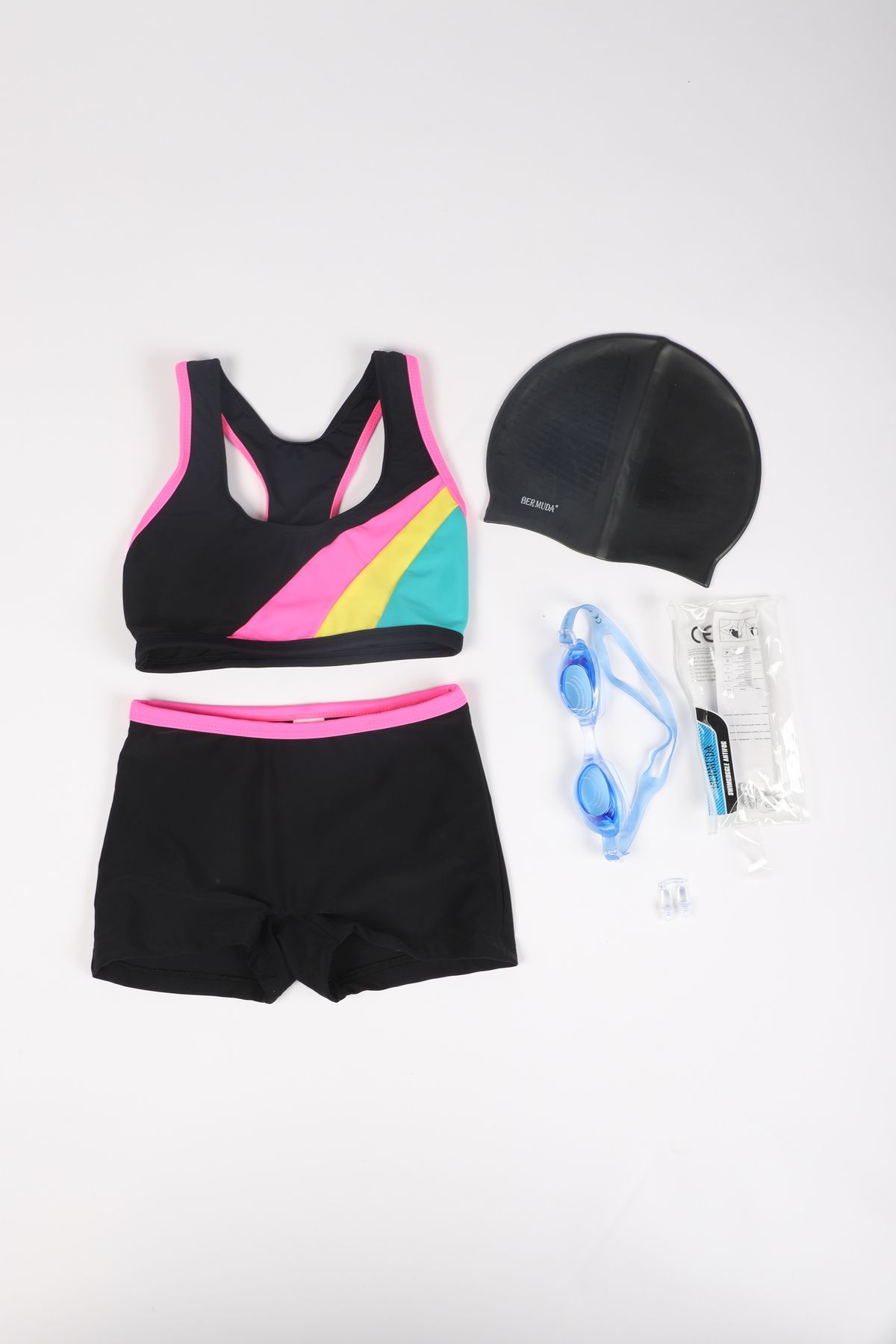 My-o-Set de înot pentru copii - /Ochelari de înot /Dop pentru urechi/ Bone din silicon / Bikini pentru înotător pentru copii cu pantaloni scurți - Set de 4 1