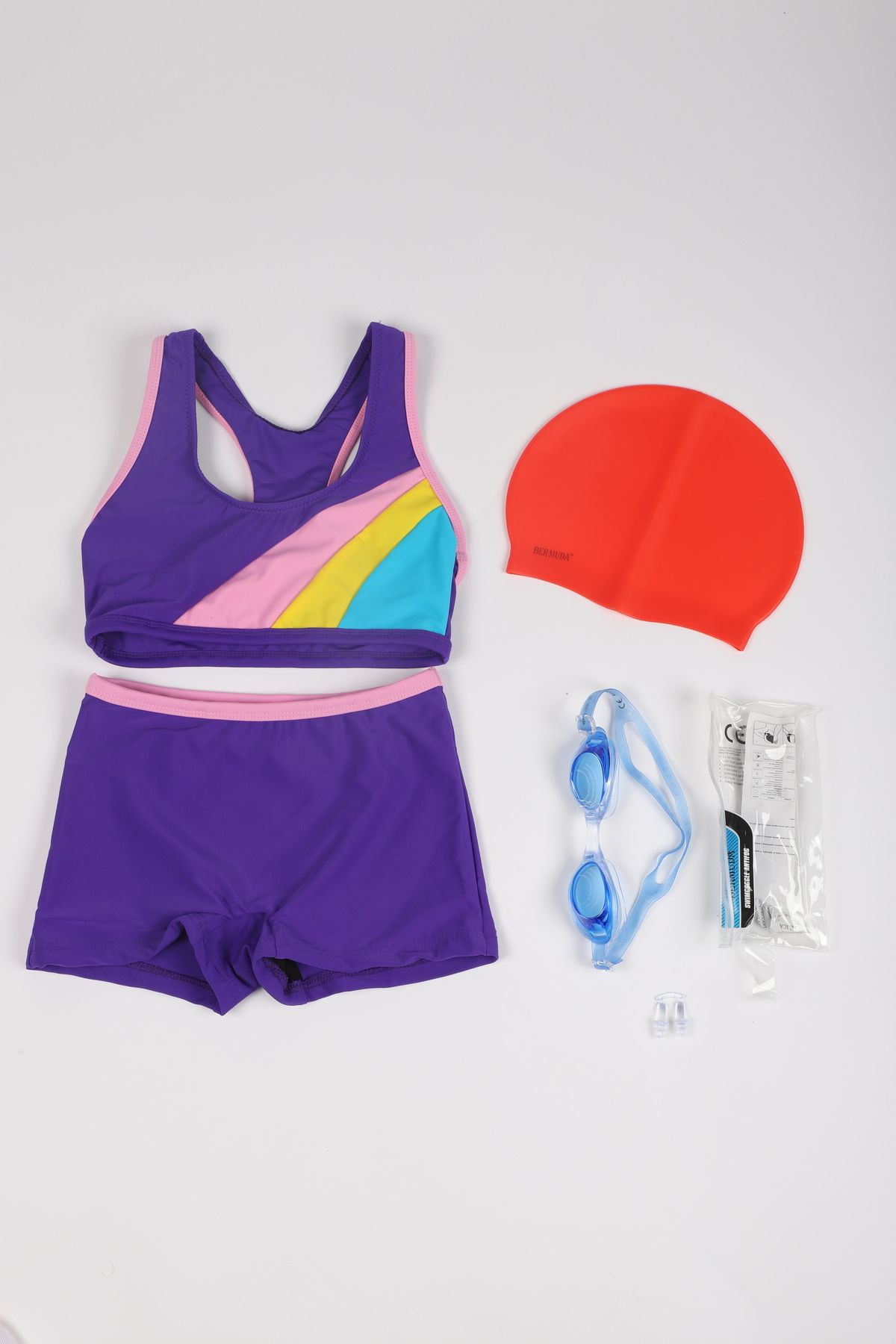 My-o-Set de înot pentru copii - /Ochelari de înot /Dop pentru urechi/ Bone din silicon / Bikini pentru înotător pentru copii cu pantaloni scurți - Set de 4 1