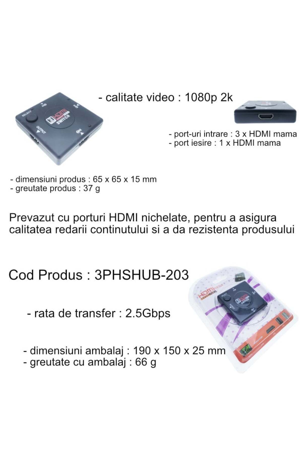 OEM-Video switch with 3 HDMI inputs and one HDMI output, Full HD 1080p, with switch, black 6
