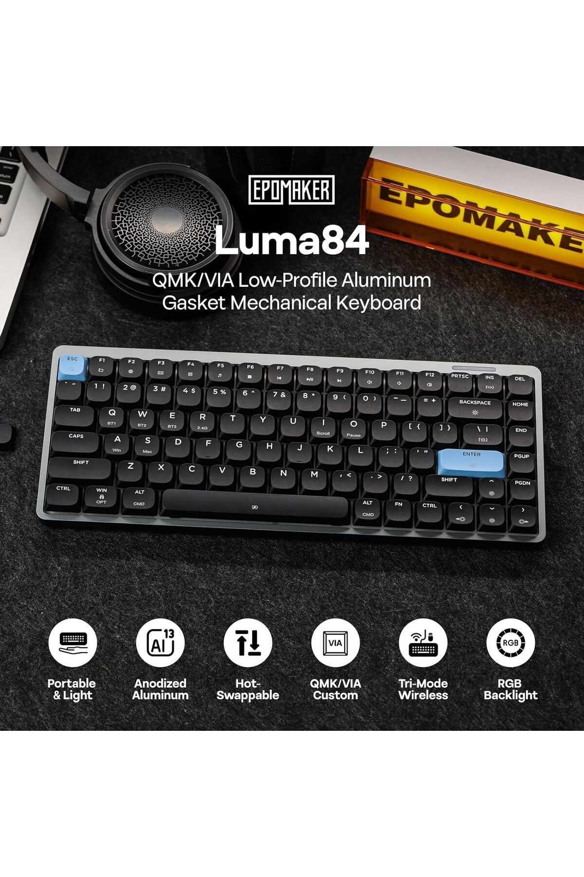 Epomaker-لوحة مفاتيح ميكانيكية Luma84 منخفضة الارتفاع من الألومنيوم، قابلة للبرمجة بتقنية QMK/VIA، لاسلكية ثلاثية الأوضاع، لون أبيض 3