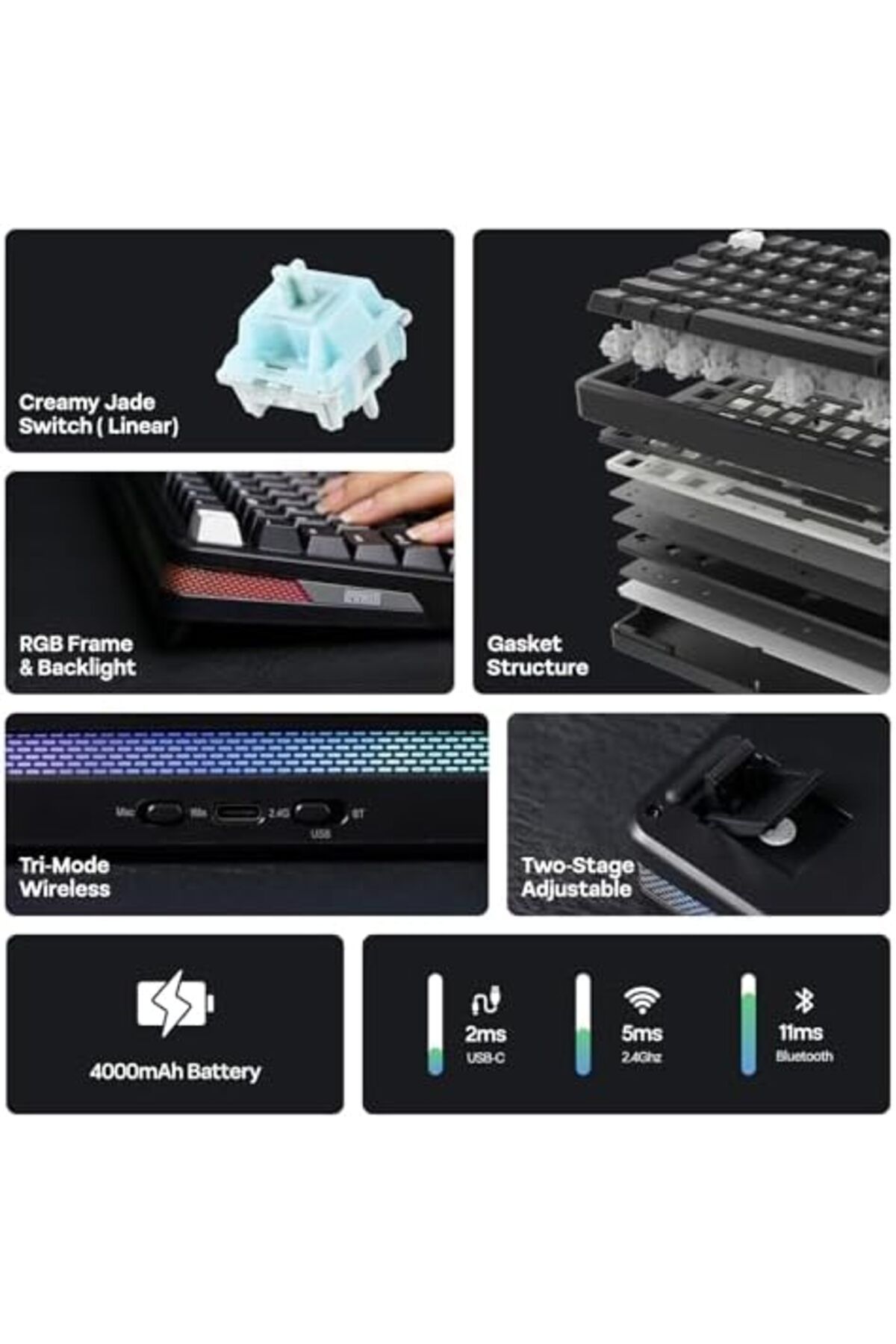 Epomaker-لوحة مفاتيح ميكانيكية لاسلكية TH85 QMK/VIA، BT5.0/2.4GHz/USB-C، مُشحمة مسبقًا بلون كريمي جايد مخصص 4