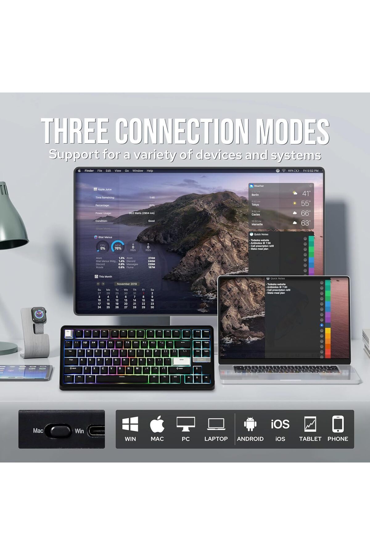 Epomaker-لوحة مفاتيح ميكانيكية لاسلكية TH85 QMK/VIA، BT5.0/2.4GHz/USB-C، مُشحمة مسبقًا بلون كريمي جايد مخصص 5