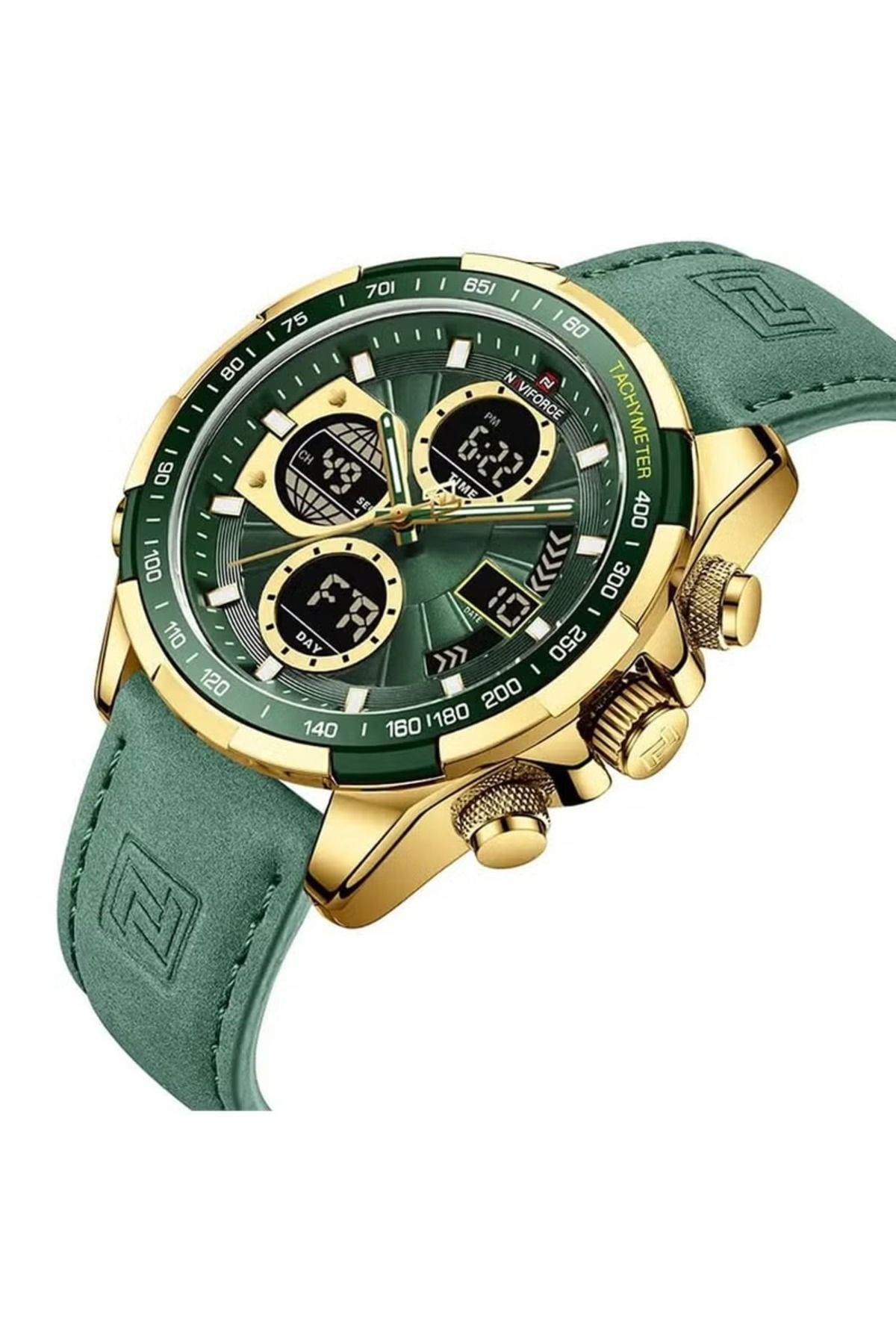 Naviforce-Stylish Mens Dual Time Quartz Watch with Green Dial Gold Case Leather Strap Analog Digital Display 2