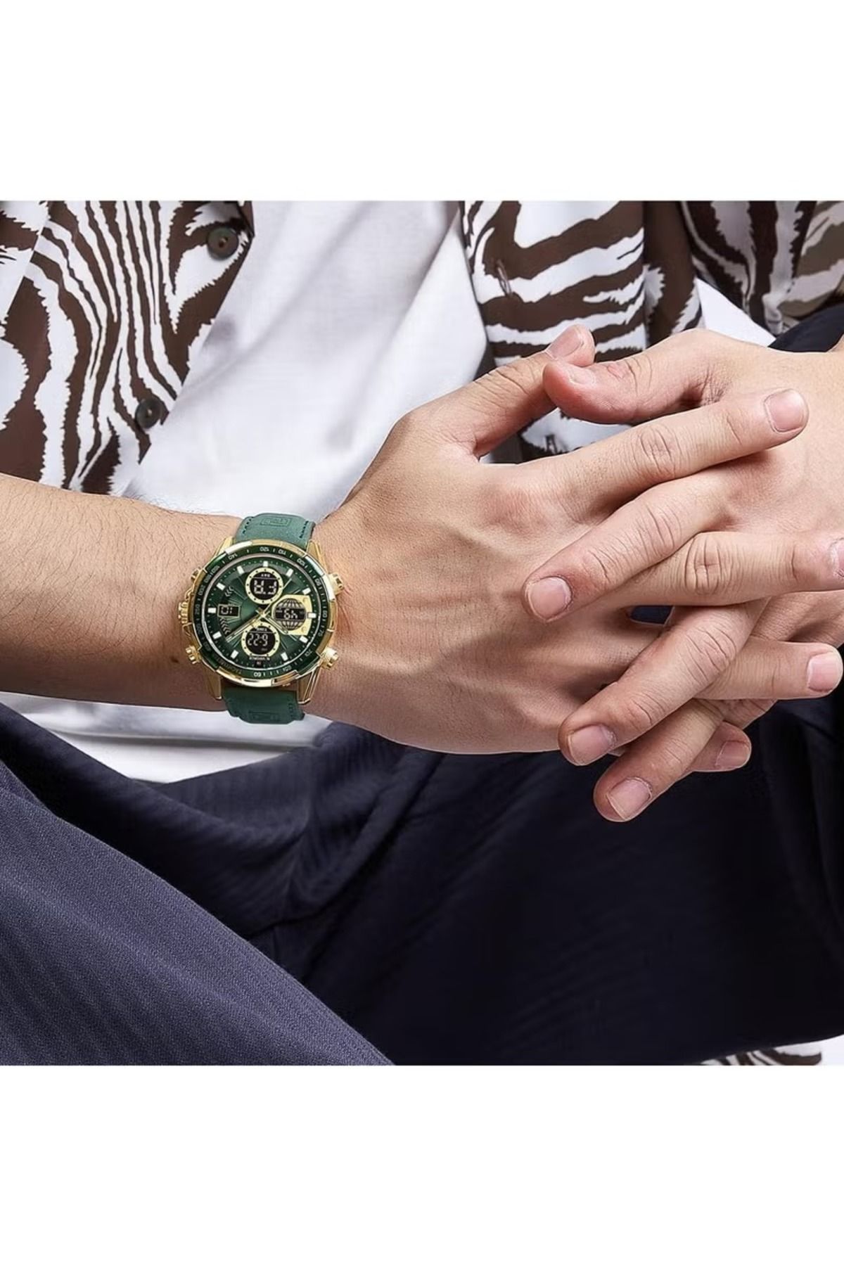 Naviforce-Stylish Mens Dual Time Quartz Watch with Green Dial Gold Case Leather Strap Analog Digital Display 3