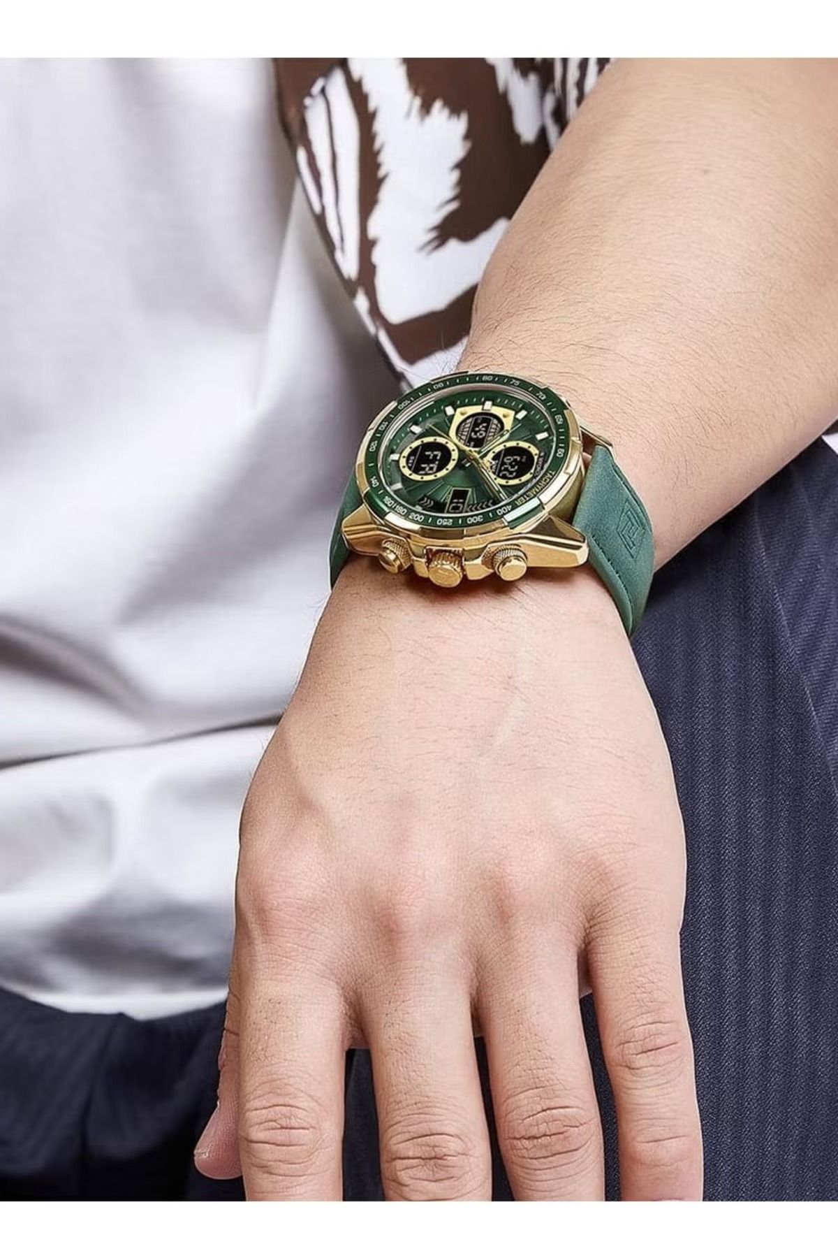 Naviforce-Stylish Mens Dual Time Quartz Watch with Green Dial Gold Case Leather Strap Analog Digital Display 6