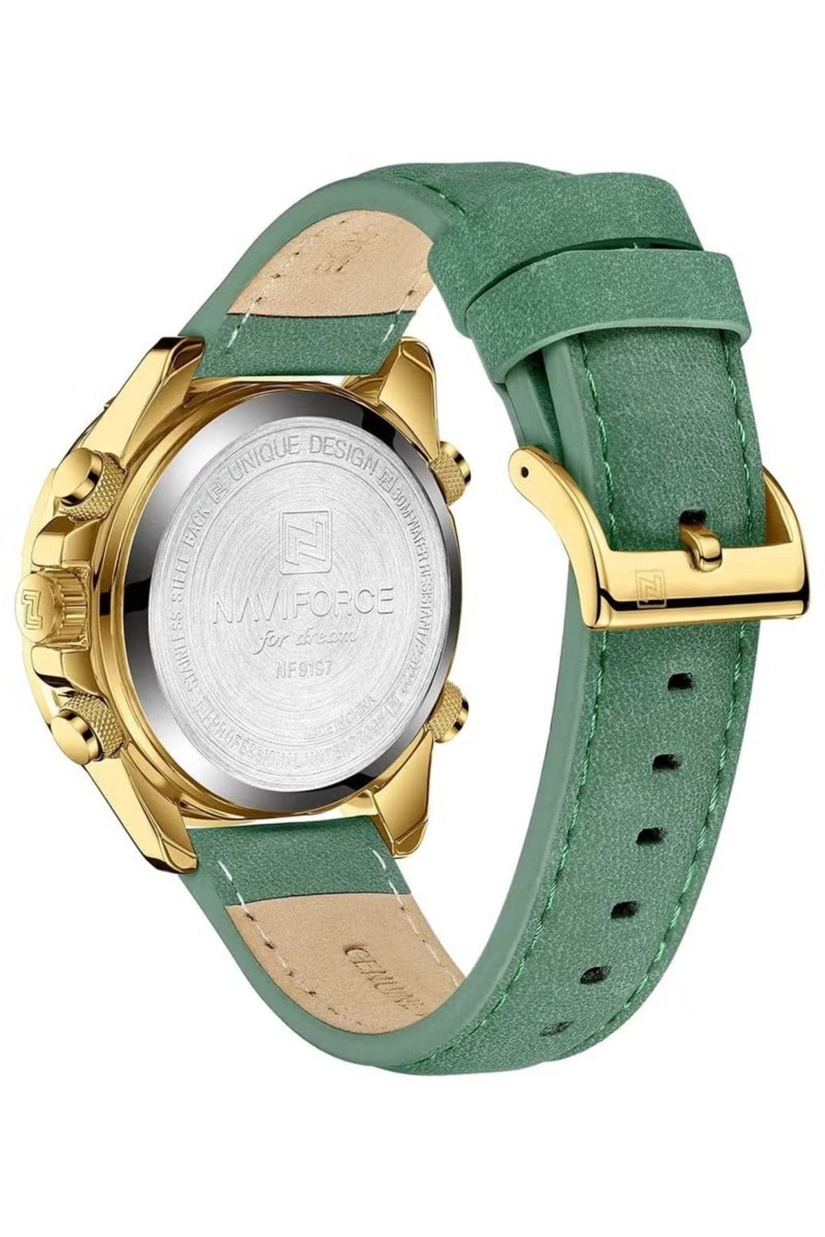 Naviforce-Stylish Mens Dual Time Quartz Watch with Green Dial Gold Case Leather Strap Analog Digital Display 5