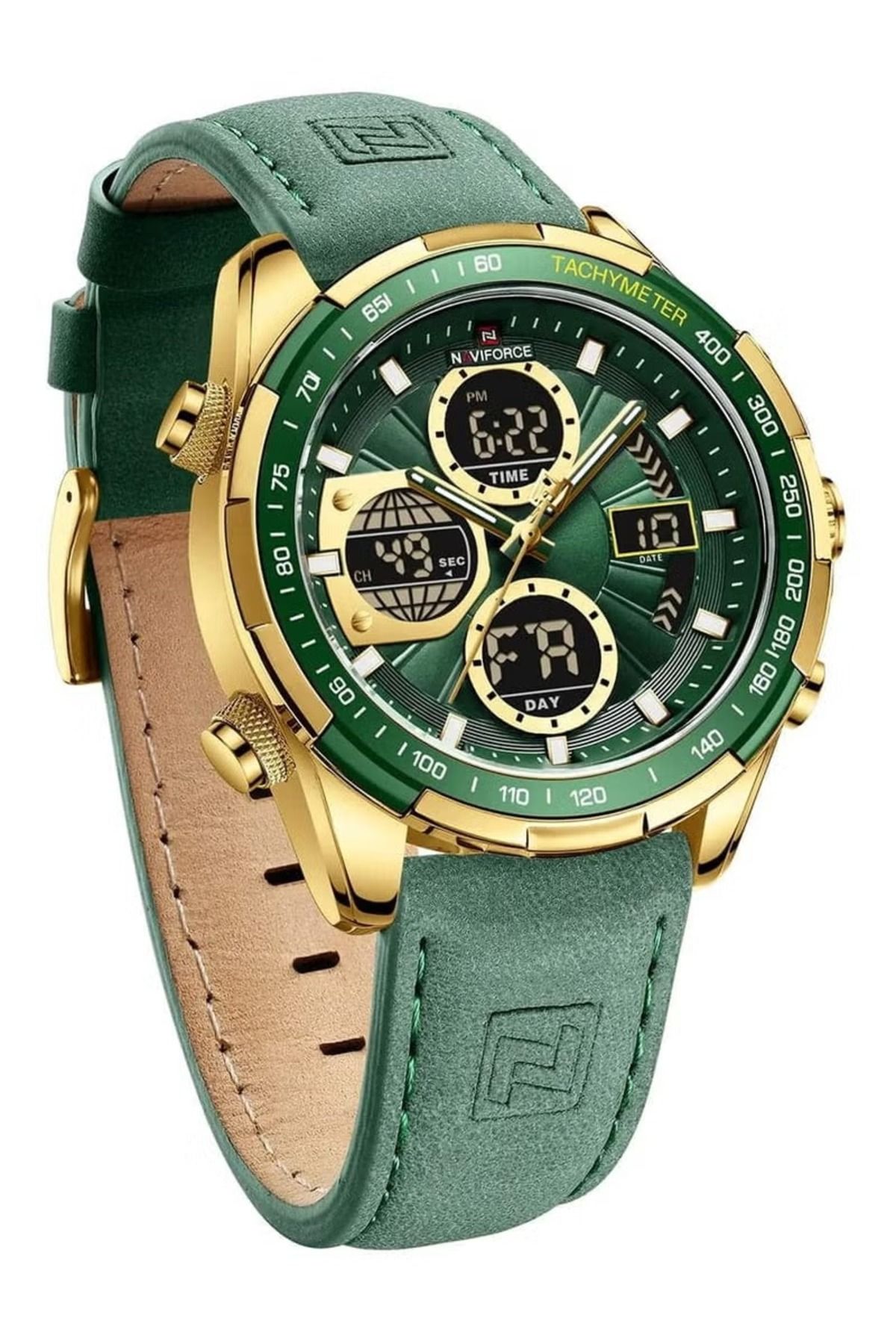 Naviforce-Stylish Mens Dual Time Quartz Watch with Green Dial Gold Case Leather Strap Analog Digital Display 4