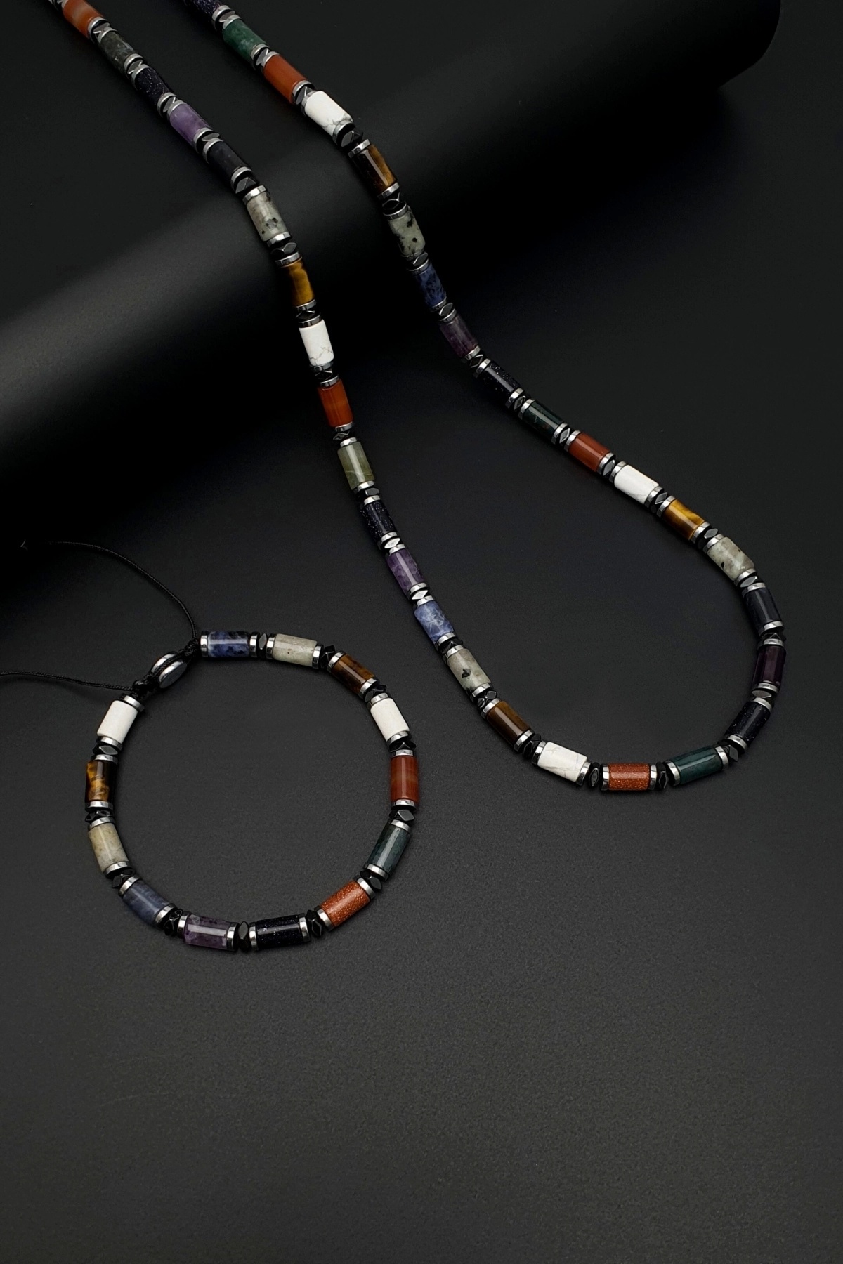 Seven Art Jewelry Doğal Taş Kolye & Bileklik Set, Kaplangözü, Akik, Kiwi (Jasper),Ametist, Havlit, Yıldız Taşı, Hint A