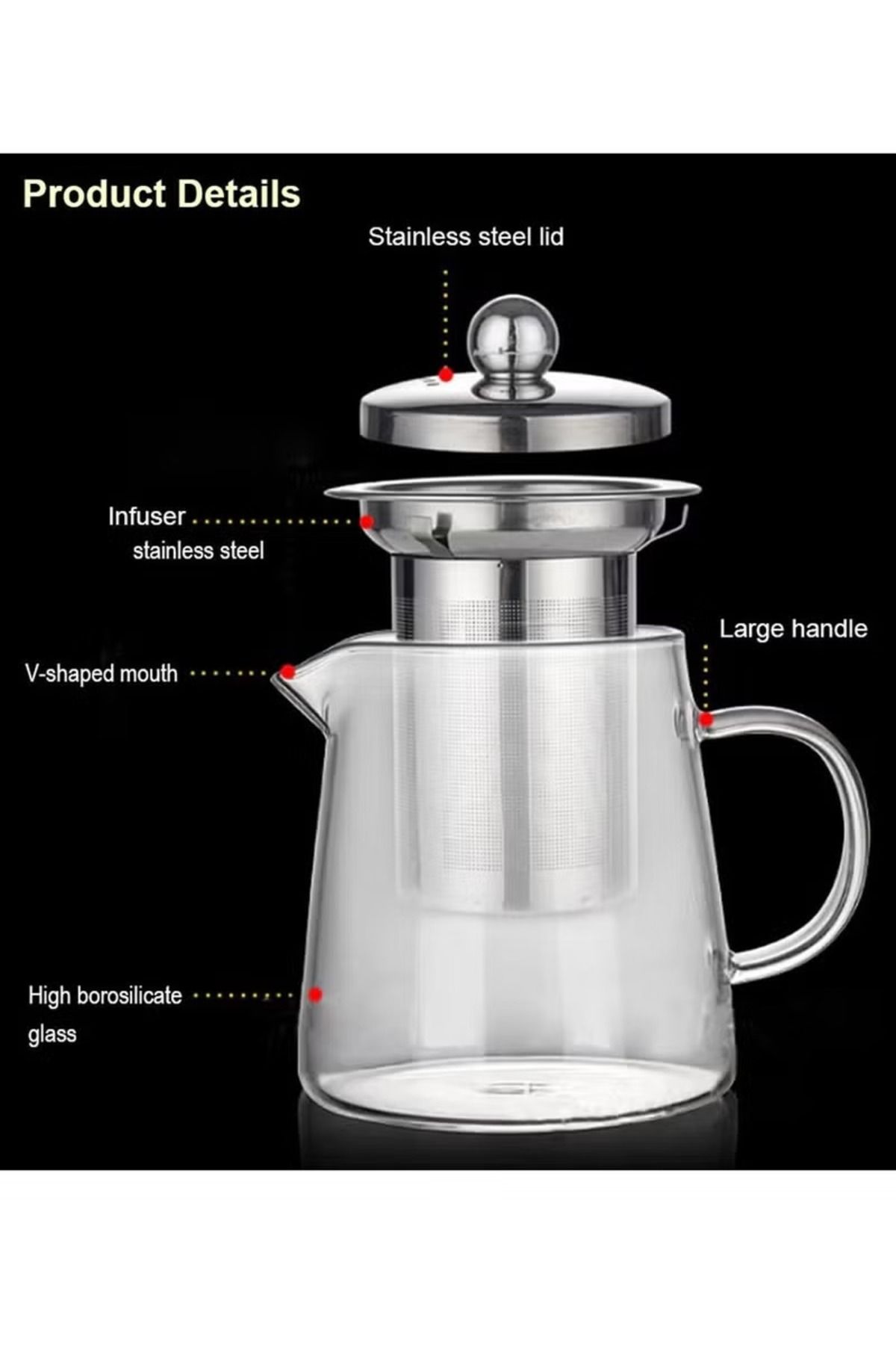DLC-Glass Teapot Set 950ml with 4 Cups & Removable Strainer 5