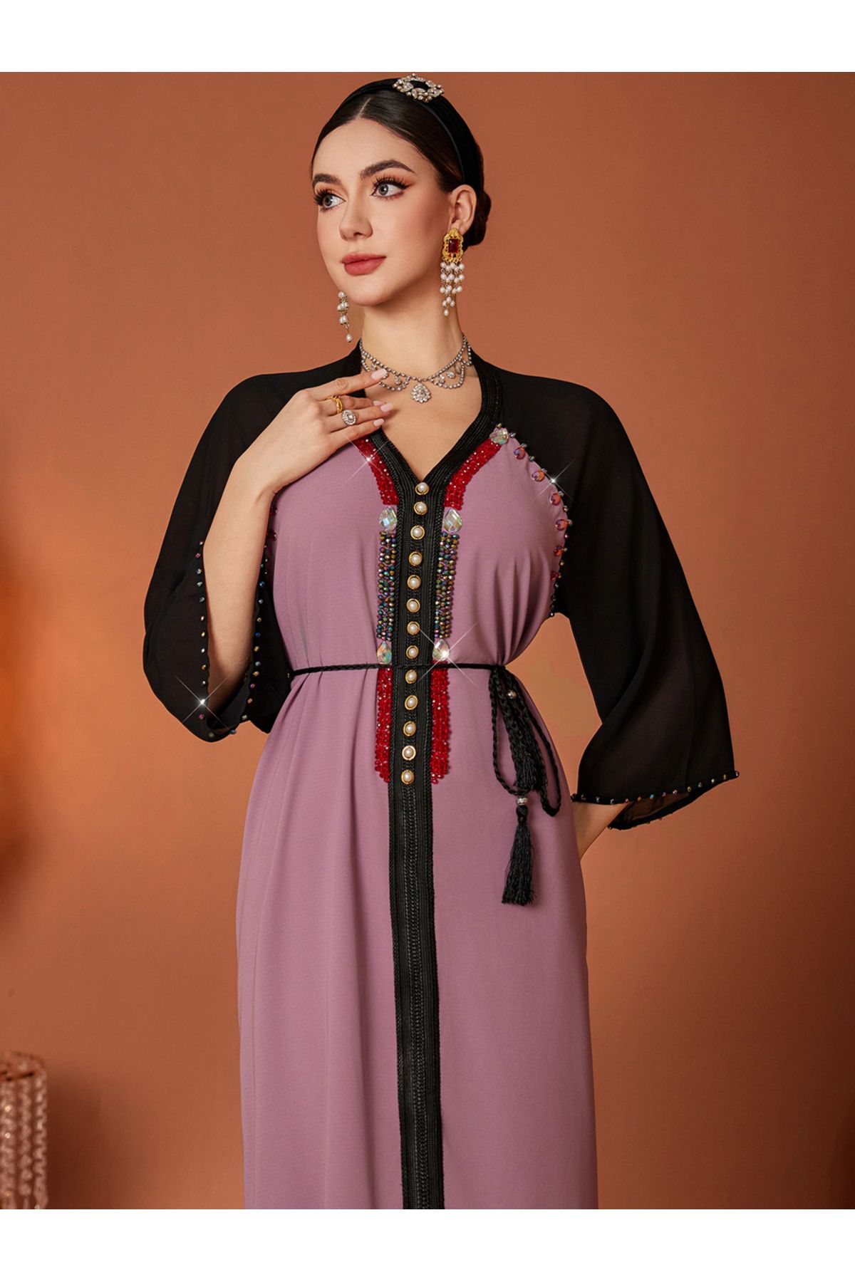 Take Two By Styli-Embellished Color Block Beaded Ruffle Hem Jalabiya 2