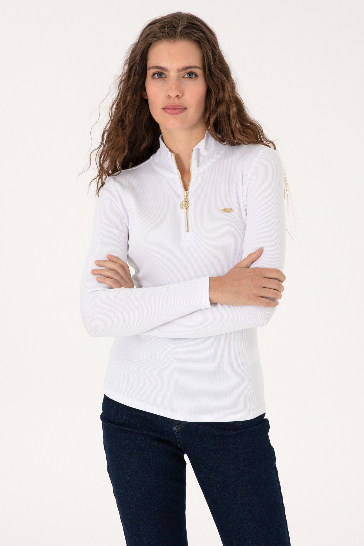 U.S. Polo Assn. Kadın Beyaz Fermuarlı Dik Yaka Sweatshirt 50313564-VR013