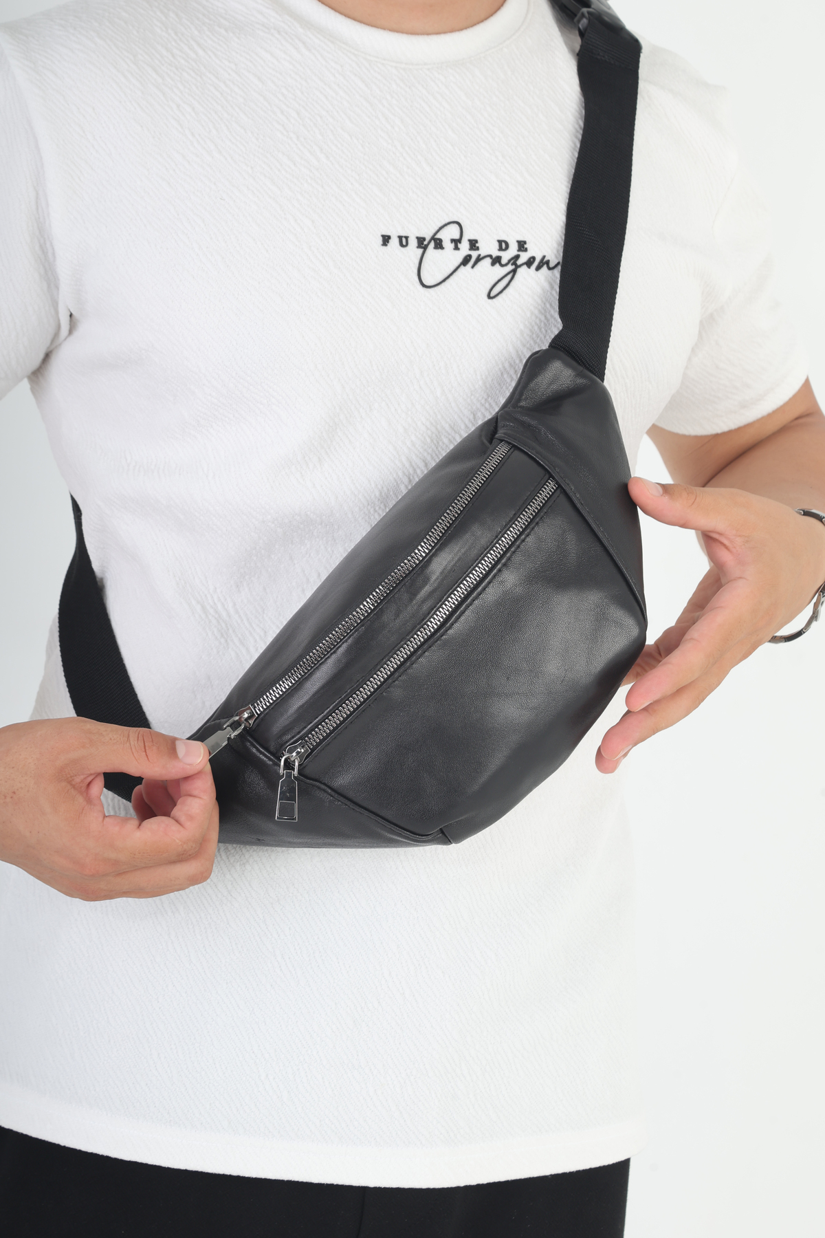 NahitaTyana  Unisex Hakiki Deri Siyah Bel Çantası Çok gözlü - Görsel 5