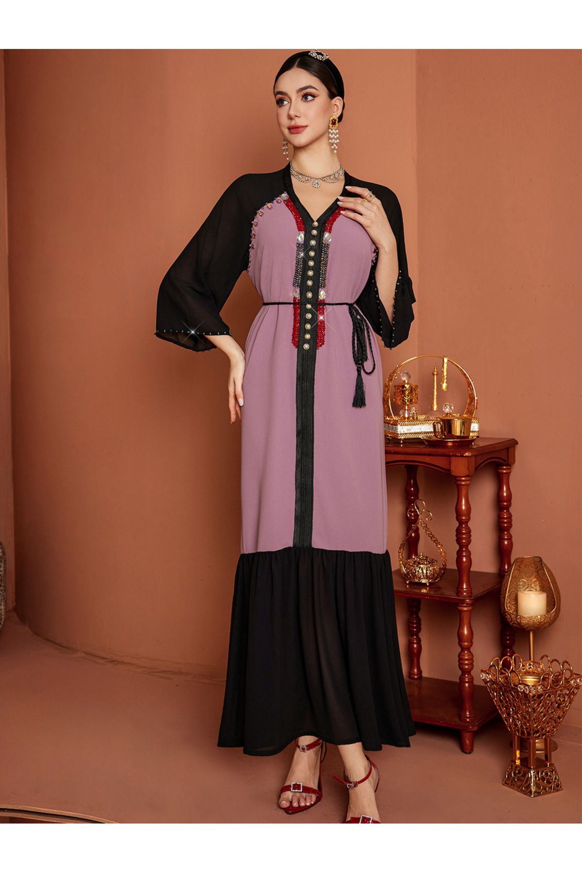 Take Two By Styli-Embellished Color Block Beaded Ruffle Hem Jalabiya 1