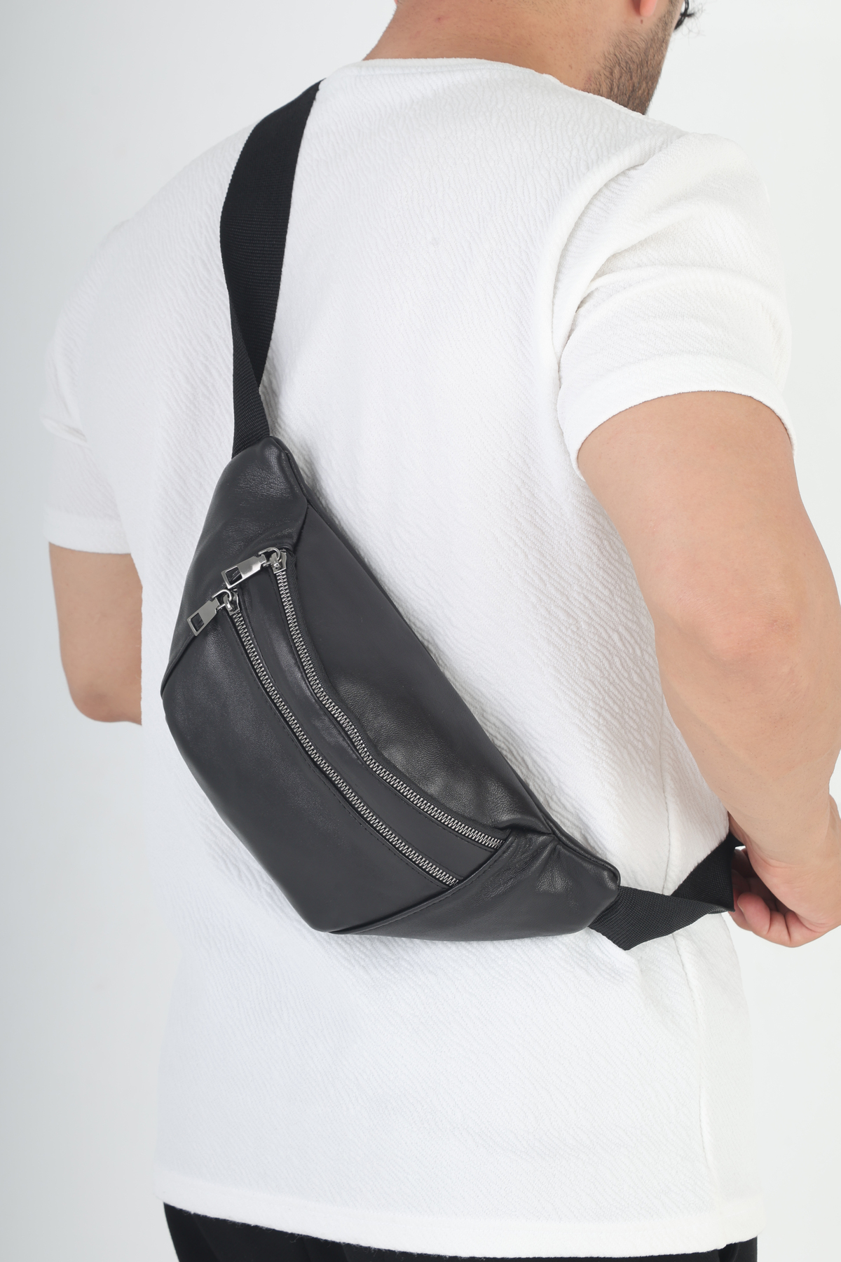 NahitaTyana  Unisex Hakiki Deri Siyah Bel Çantası Çok gözlü - Görsel 2