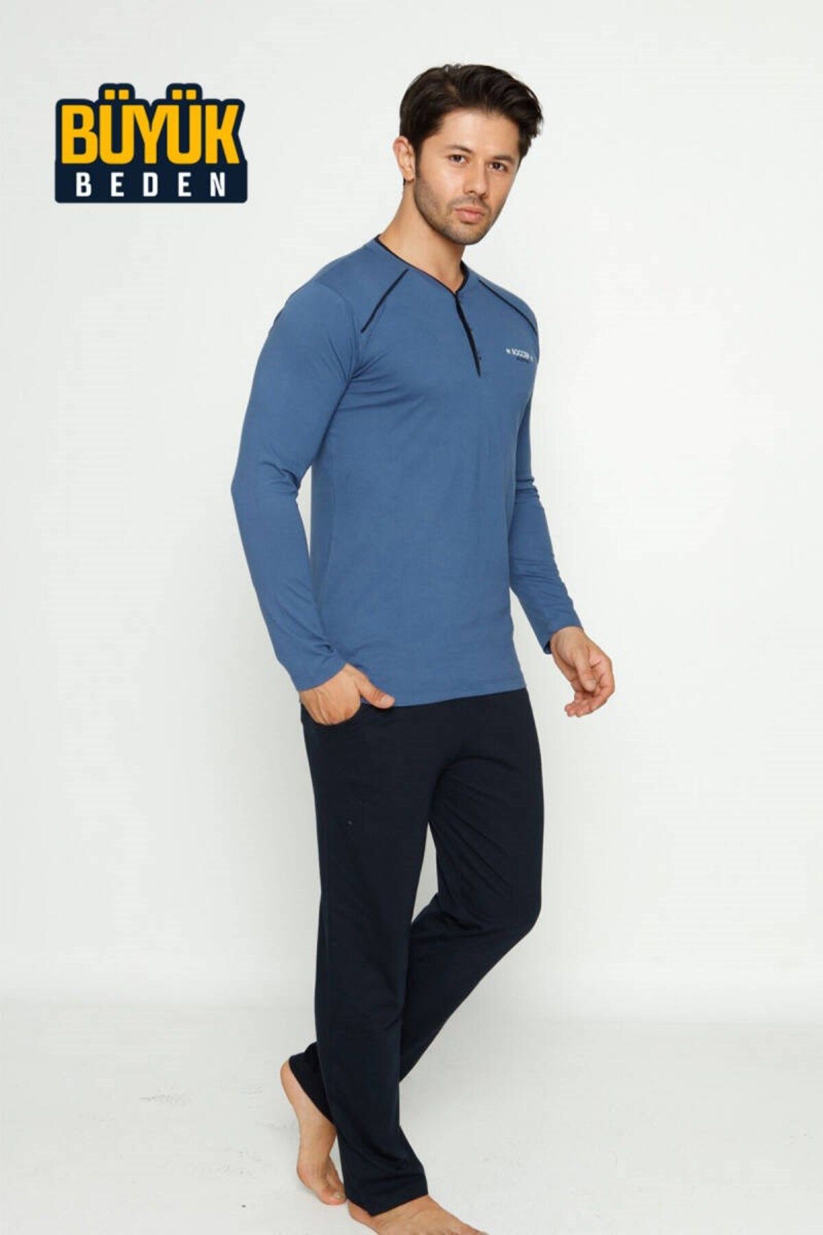 ALİMER-Men's 3 Buttons Cotton Lycra Plus Size Long Sleeve Pajama Set with Pockets 1