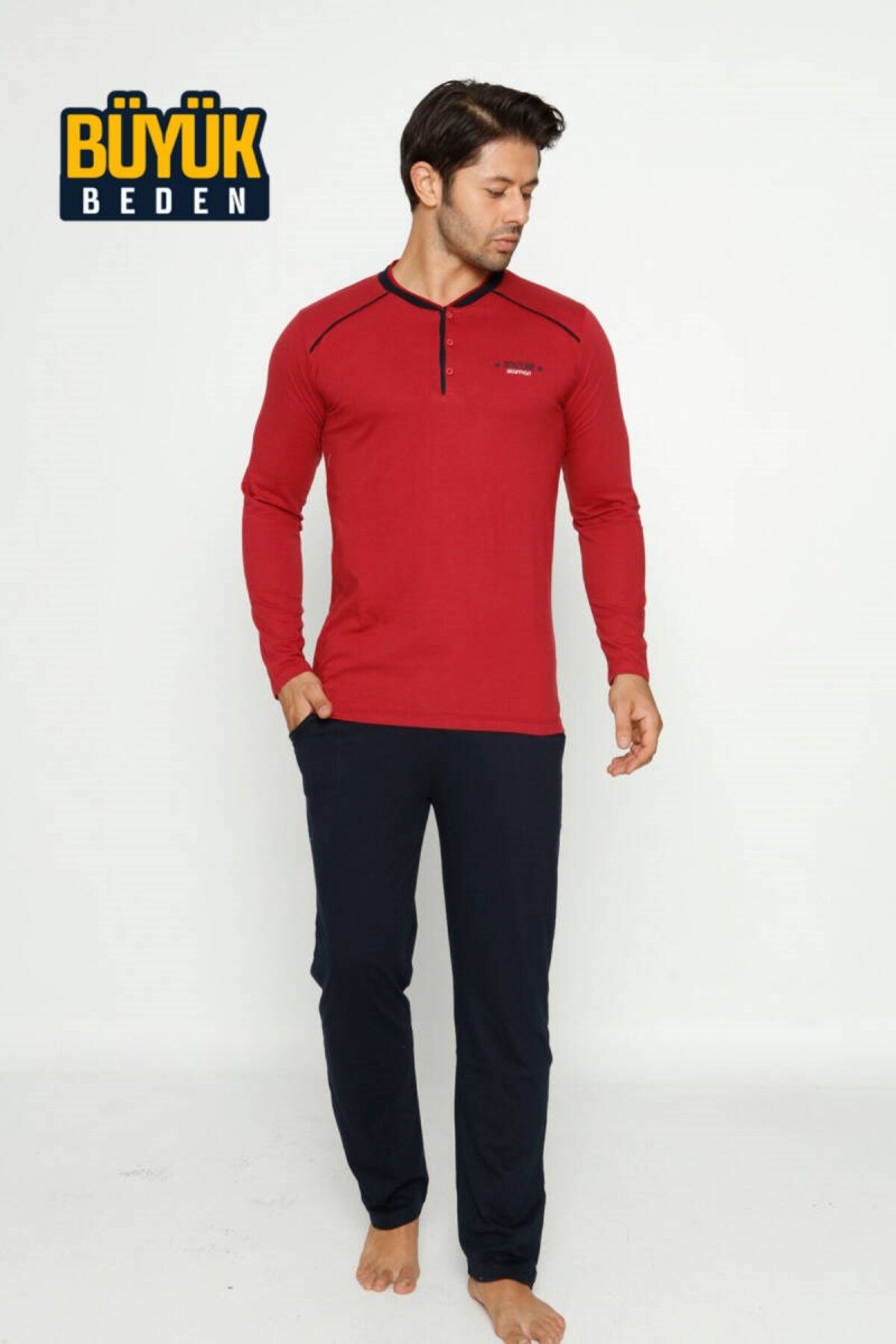 ALİMER-Men's 3 Buttons Cotton Lycra Plus Size Long Sleeve Pajama Set with Pockets 3