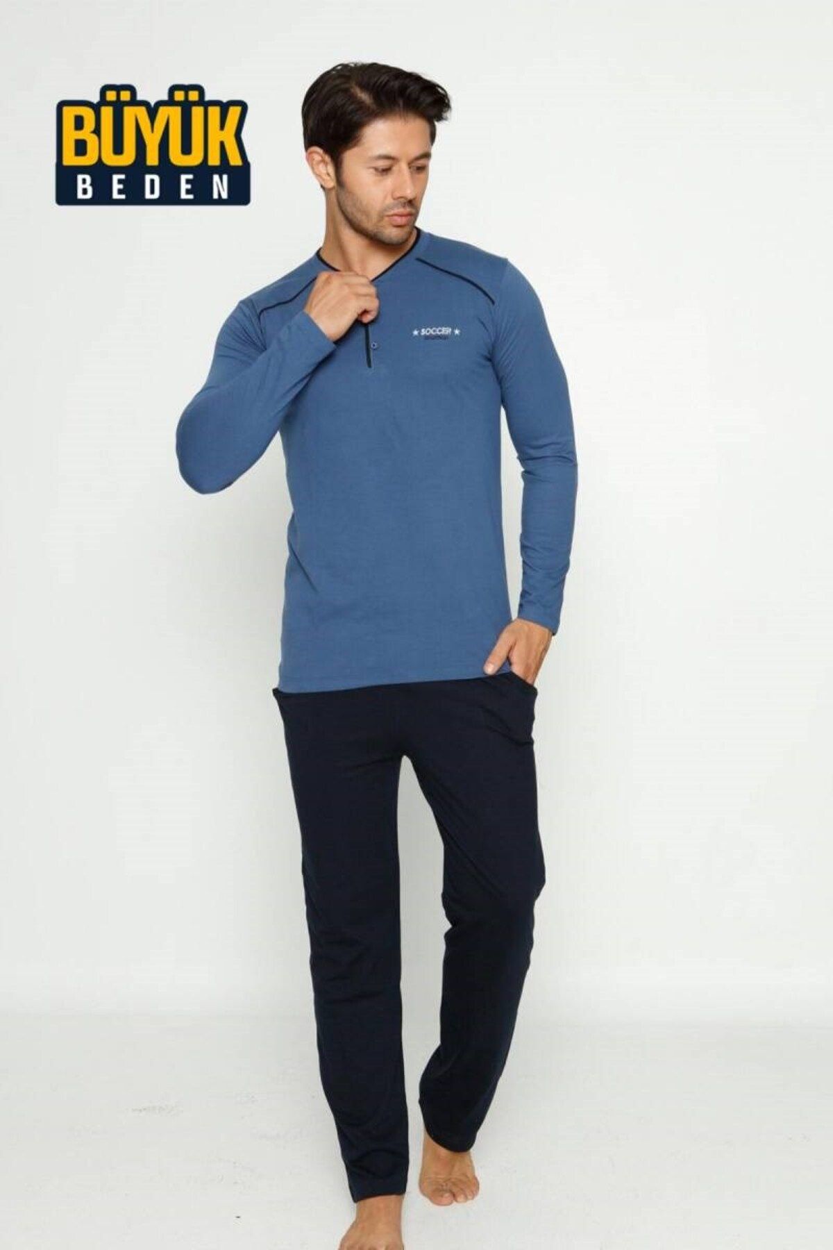 ALİMER-Men's 3 Buttons Cotton Lycra Plus Size Long Sleeve Pajama Set with Pockets 3