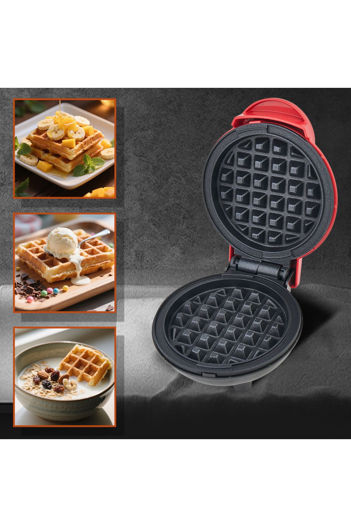 HALEY-® Mini Waffe Machine, 800W, Non-Stick Plates, Indicator Light, Compact Design, Red 3