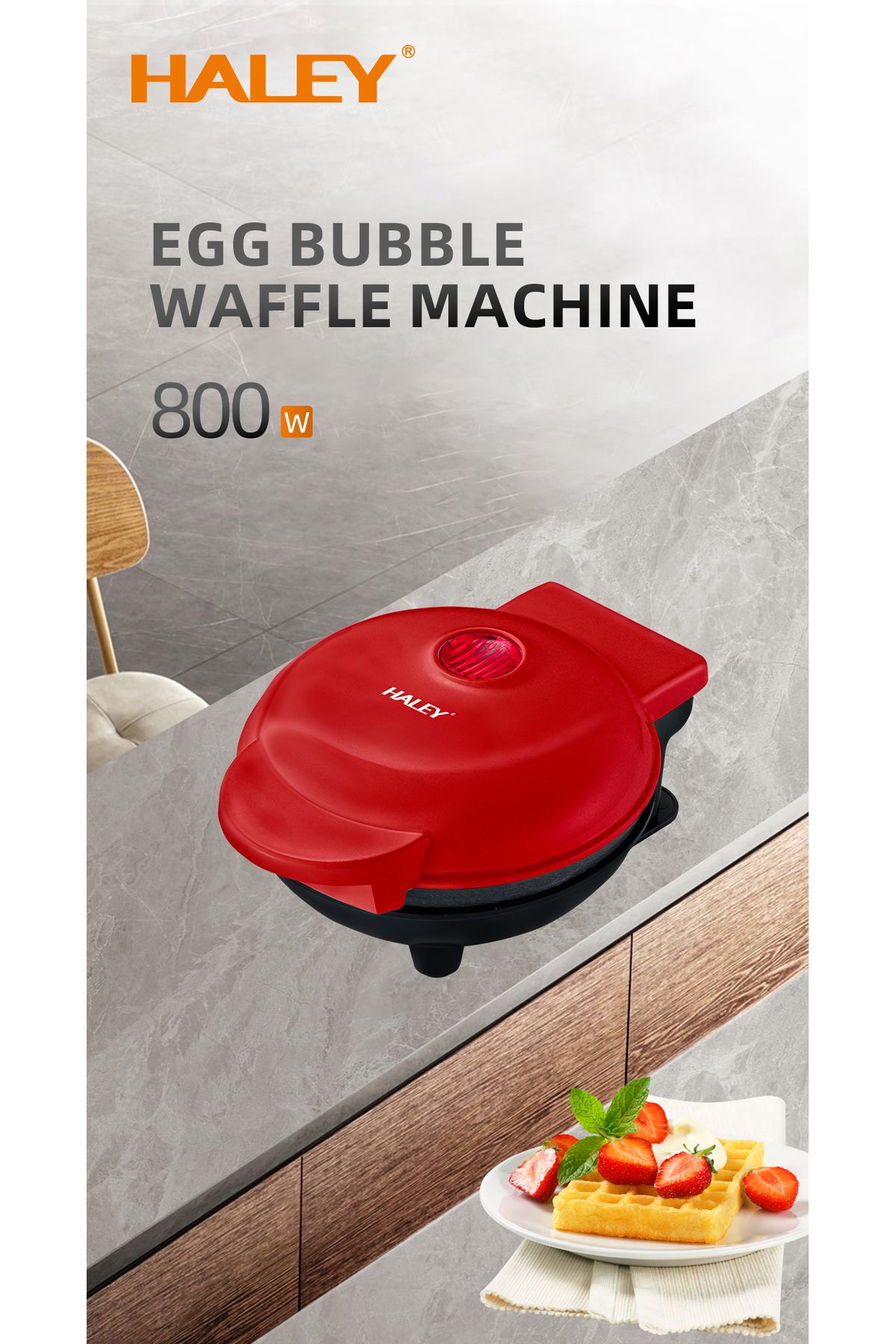 HALEY-® Mini Waffe Machine, 800W, Non-Stick Plates, Indicator Light, Compact Design, Red 7