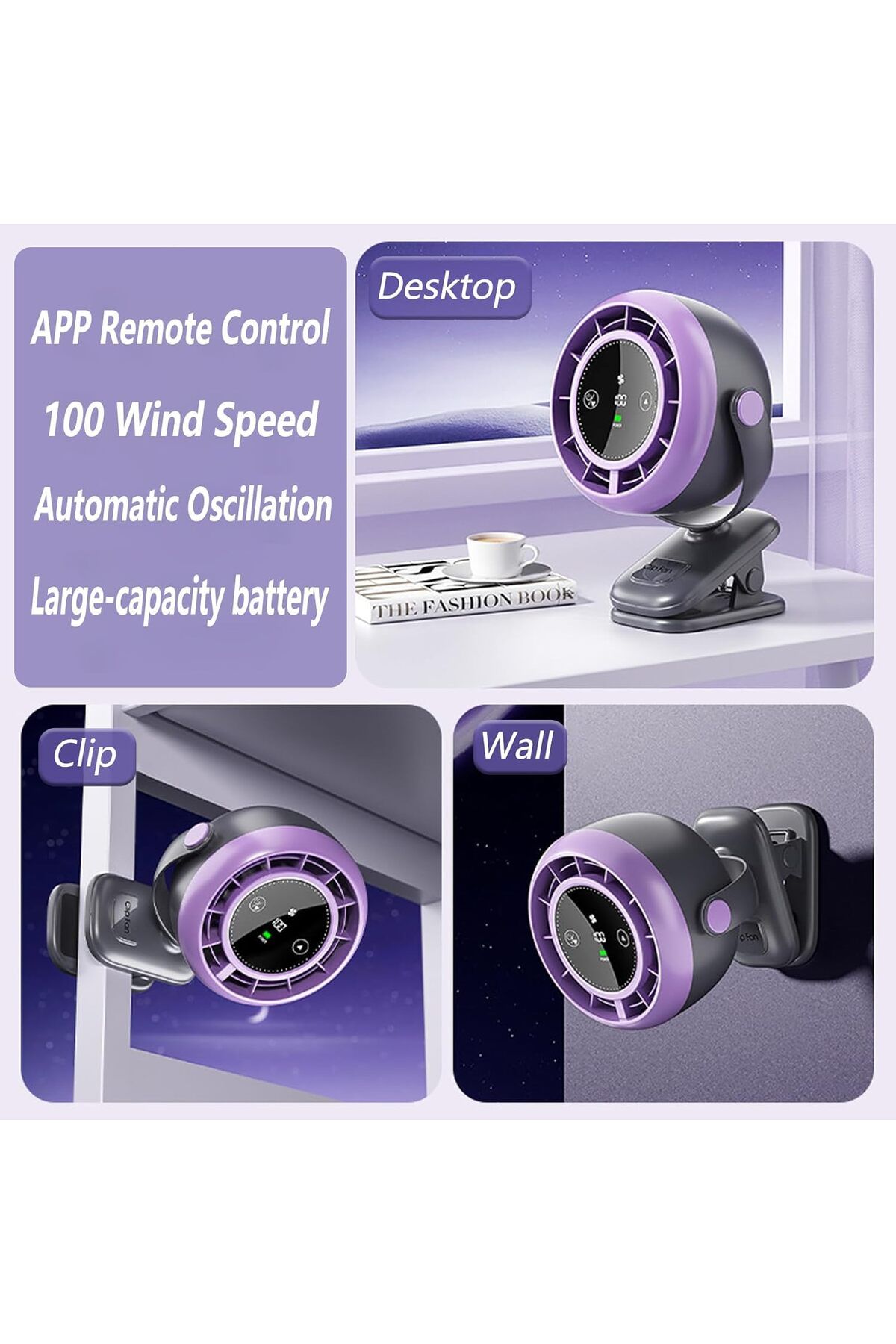 Shopi-Portable Desk Fan, APP Remote control oscillation table fan with smart LED display, 4-in-1 USB fan, 5