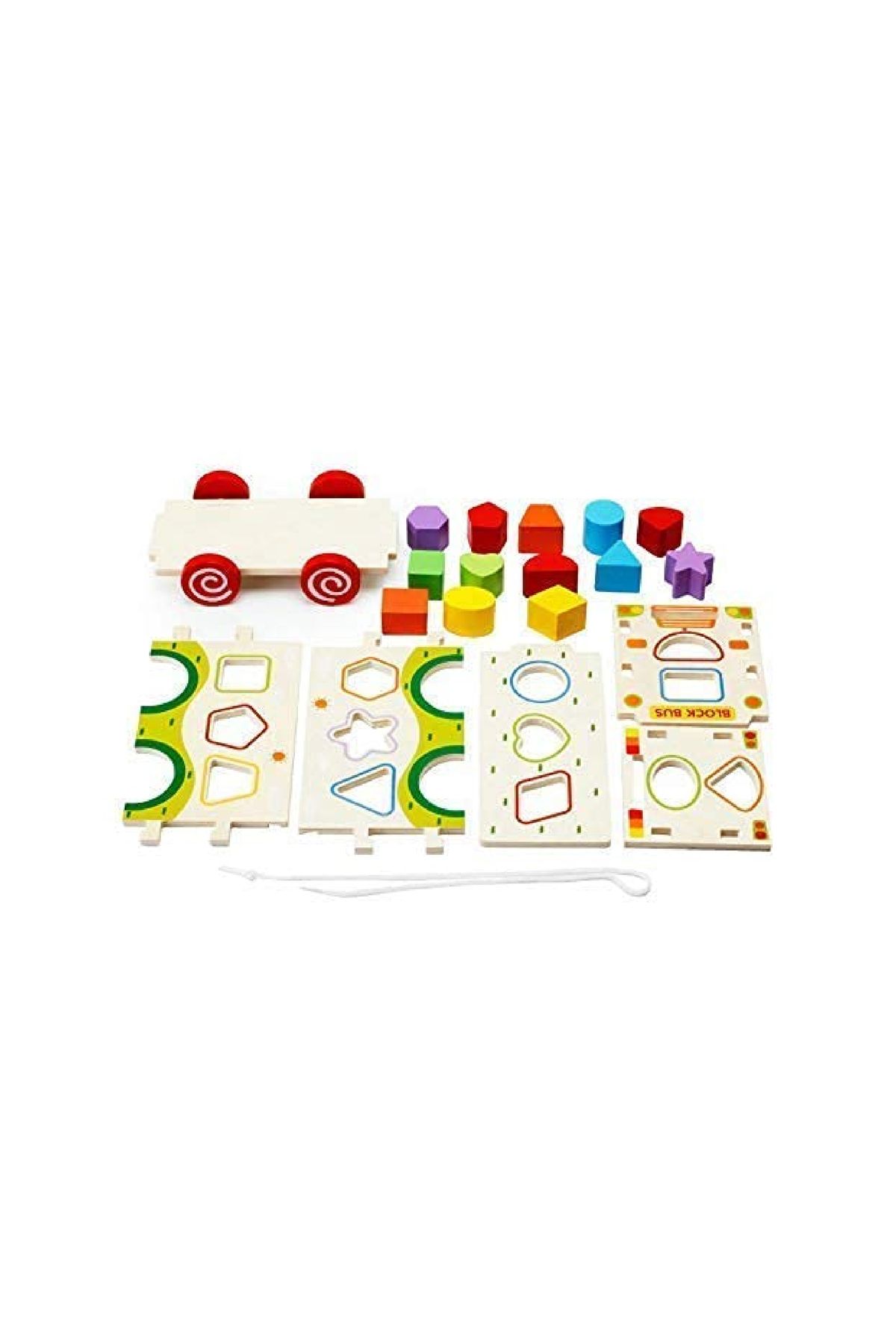 rexa-Wooden Shape Sorter Bus Toy – 13 Geometric Blocks with Pull String for Kids' Early Learning 2