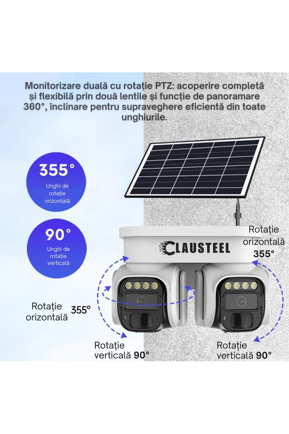 CLAUSTEEL-Cameră de supraveghere profesională 2 în 1 cu panou solar, conexiune SIM 4G, 8 MP, 8000 mAh 3