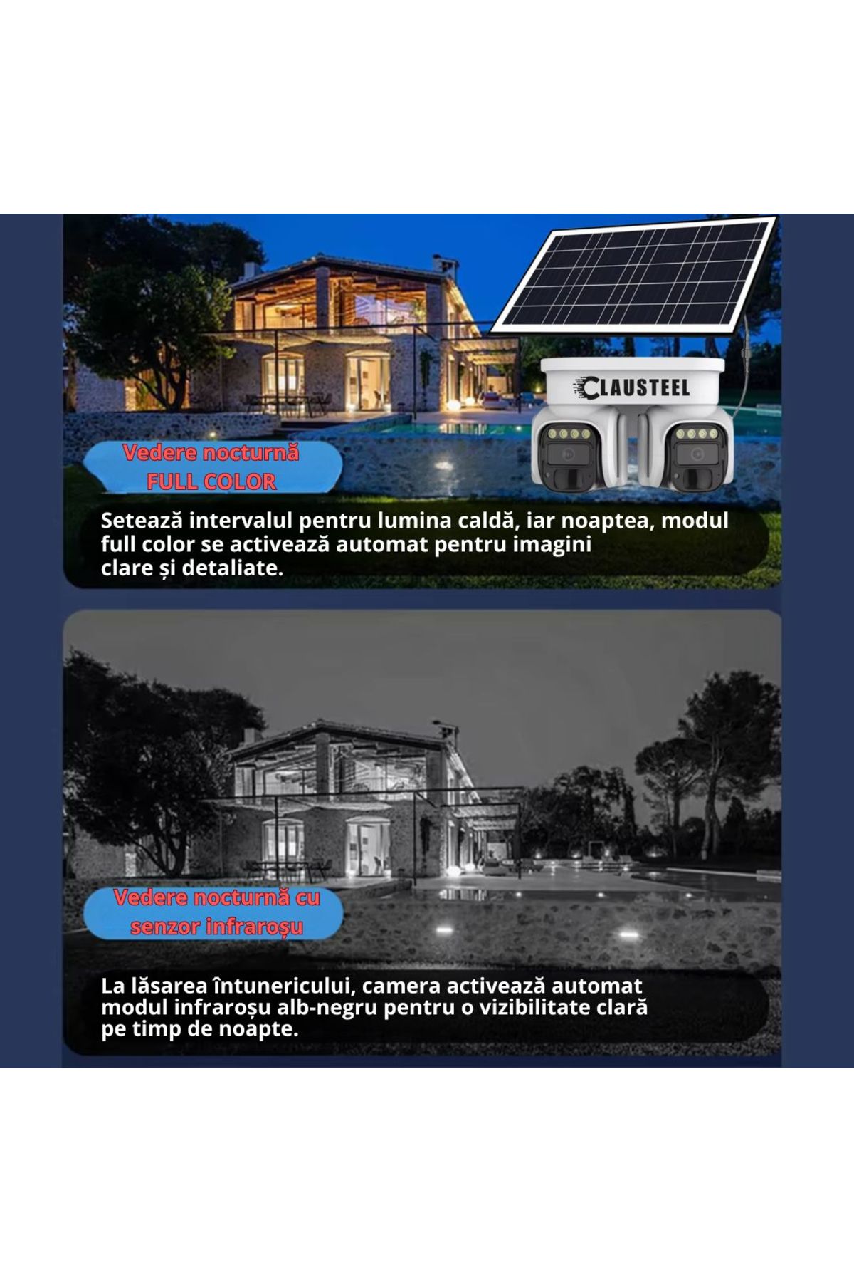CLAUSTEEL-Cameră de supraveghere profesională 2 în 1 cu panou solar, conexiune SIM 4G, 8 MP, 8000 mAh 7