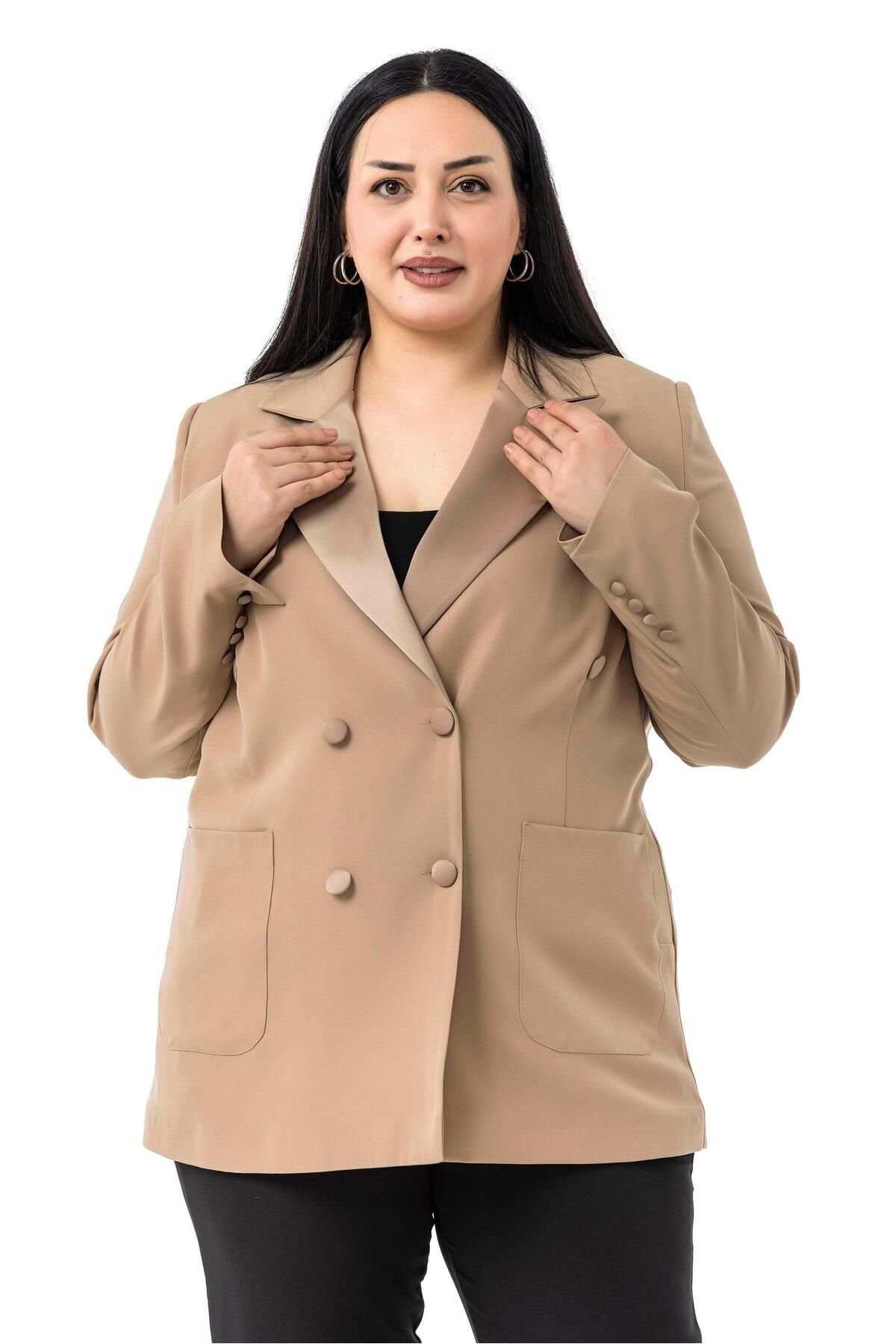 DISENTIS MODEST-Plus Size Satin Collar and Button Detail Pocket Lined Mink Jacket 4