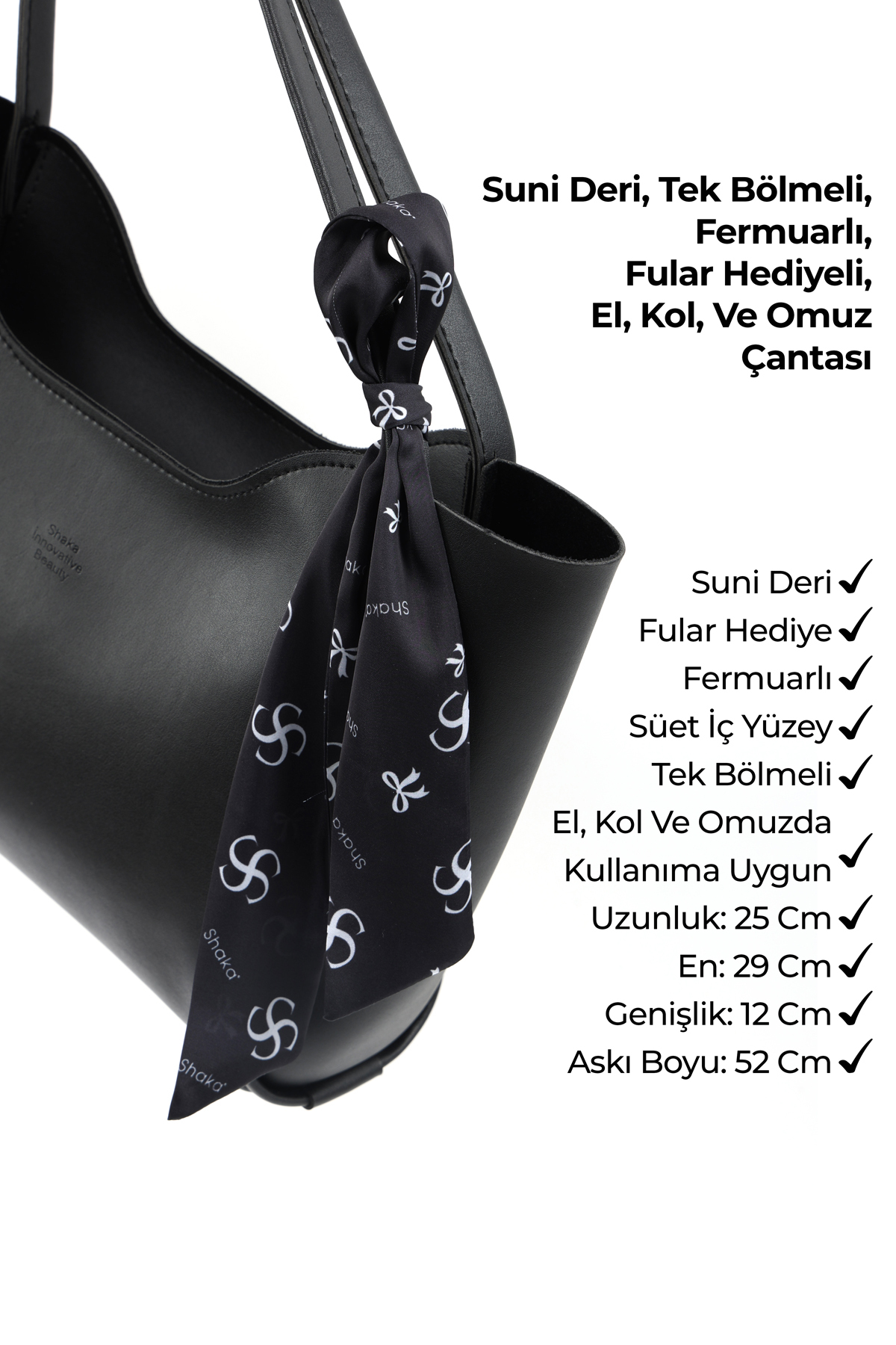 Shaka Siyah SHK240 Suni Deri Fermuarlı Tek Bölmeli Fular Hediyeli El,Kol ve Omuz Çantası fotoğrafı 7 (önizleme)