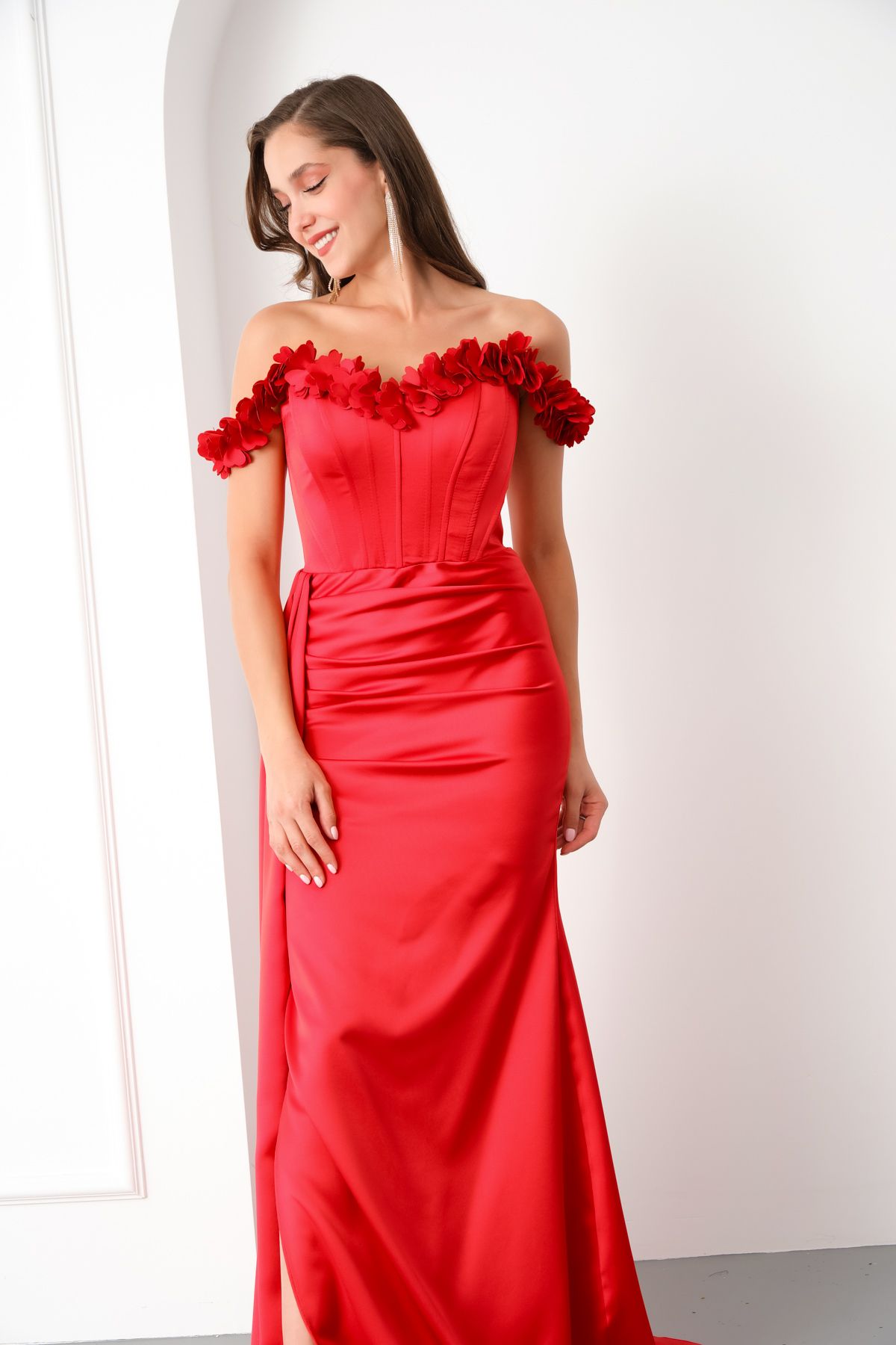 Lafaba-Women's Red Collar Floral Long Satin Evening Dress 3