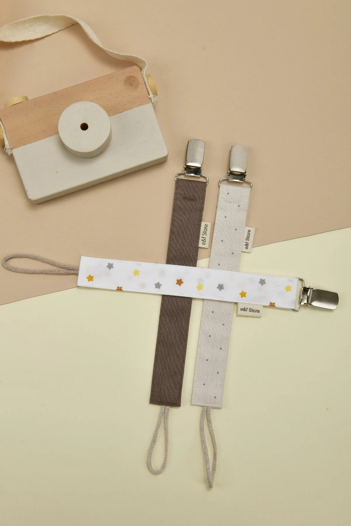 e&f Store 3'lü Emzik Askısı Seti - Kahverengi - Puantiyeli Bej - Yıldız Desenli Beyaz | Sertifikalı