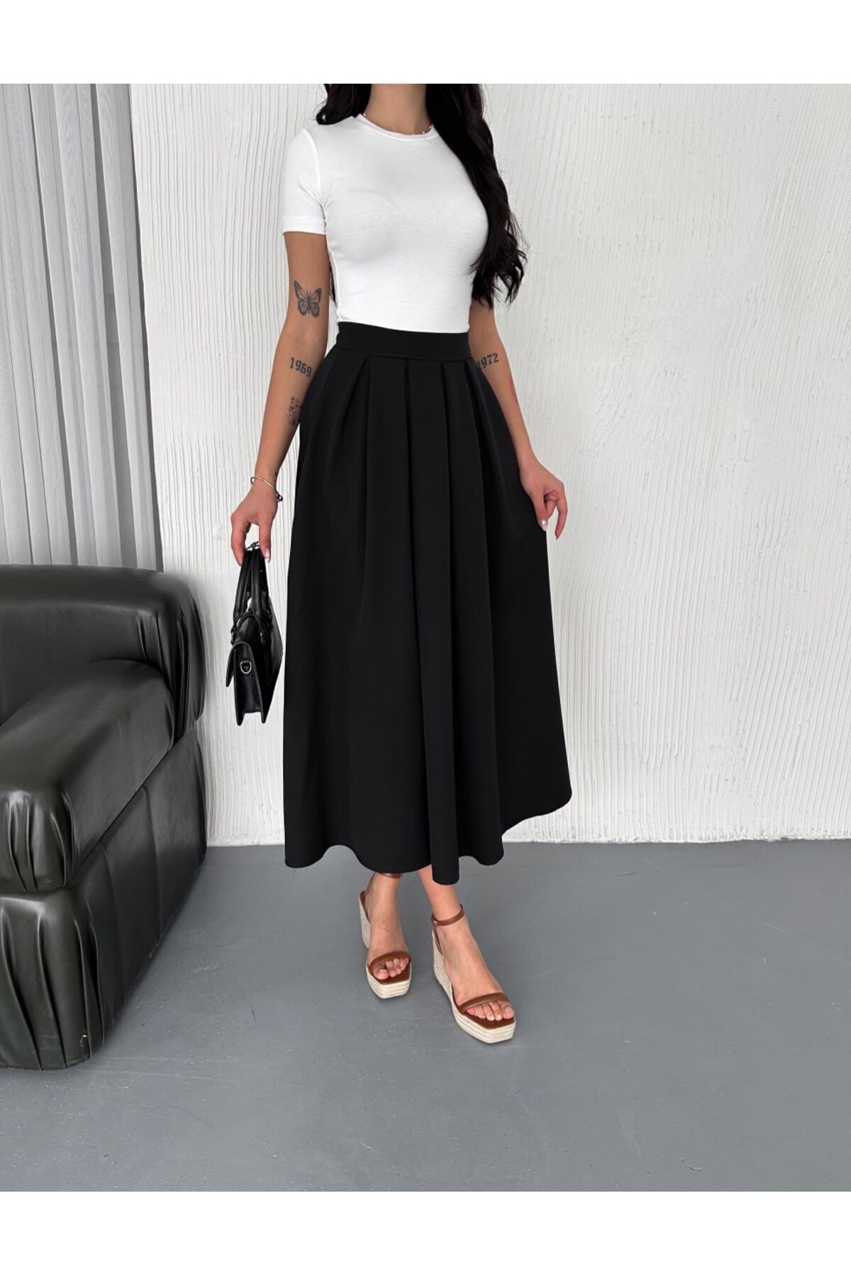 Zula Moda  Tesettür Pileli Uzun Etek – Fermuarlı, İç Göstermeyen Kumaş - Görsel 3