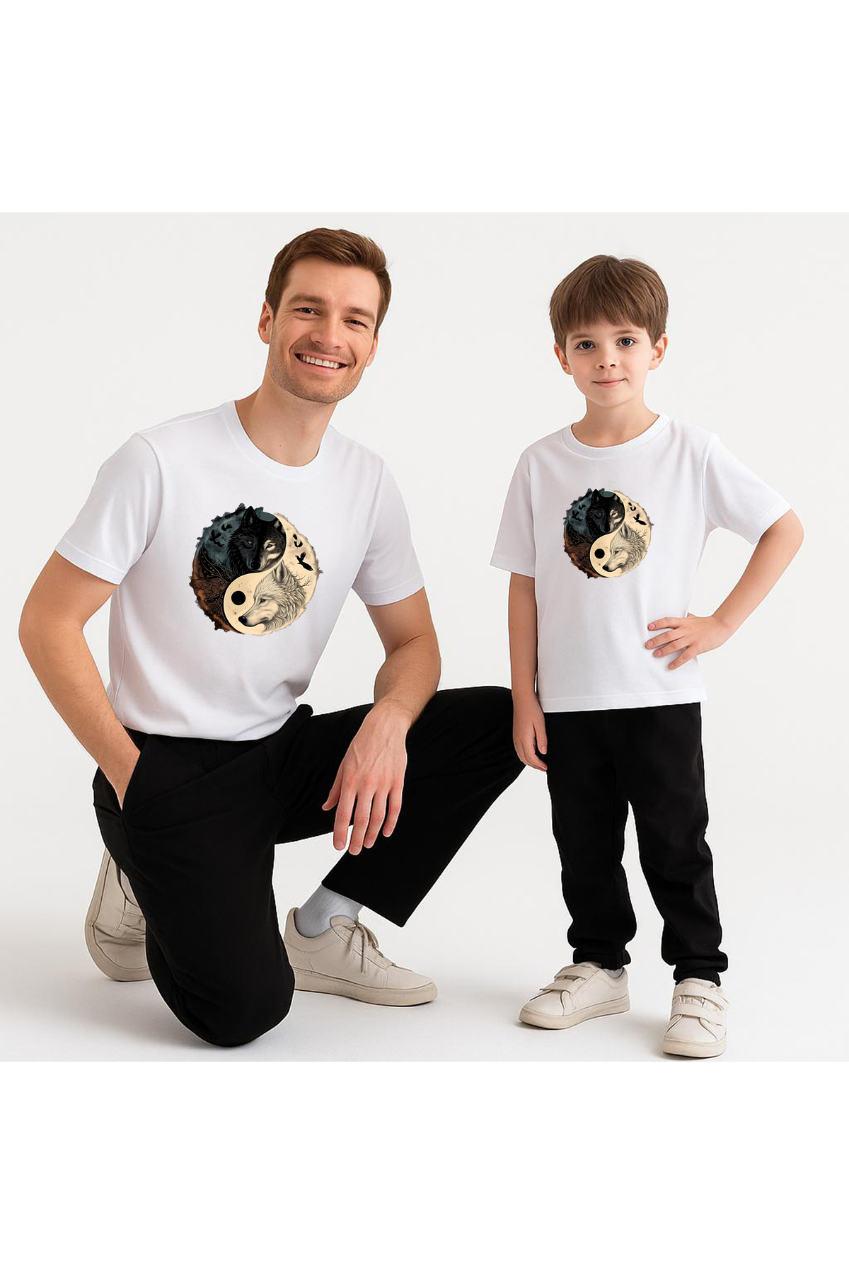 Yin Yang Wolf Design Father Son Black T-Shirt Set