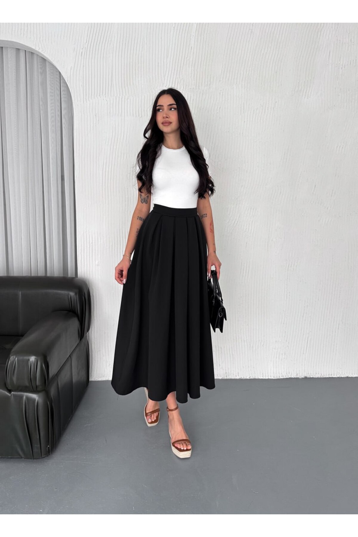 Zula Moda  Tesettür Pileli Uzun Etek – Fermuarlı, İç Göstermeyen Kumaş - Görsel 4