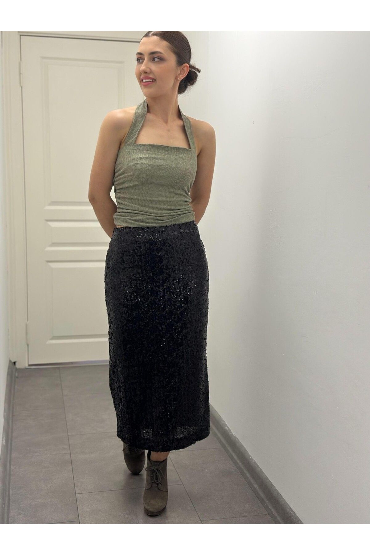 soBasic-Sequin Long Length Lined Slit Side Zipper A-Line Skirt 5