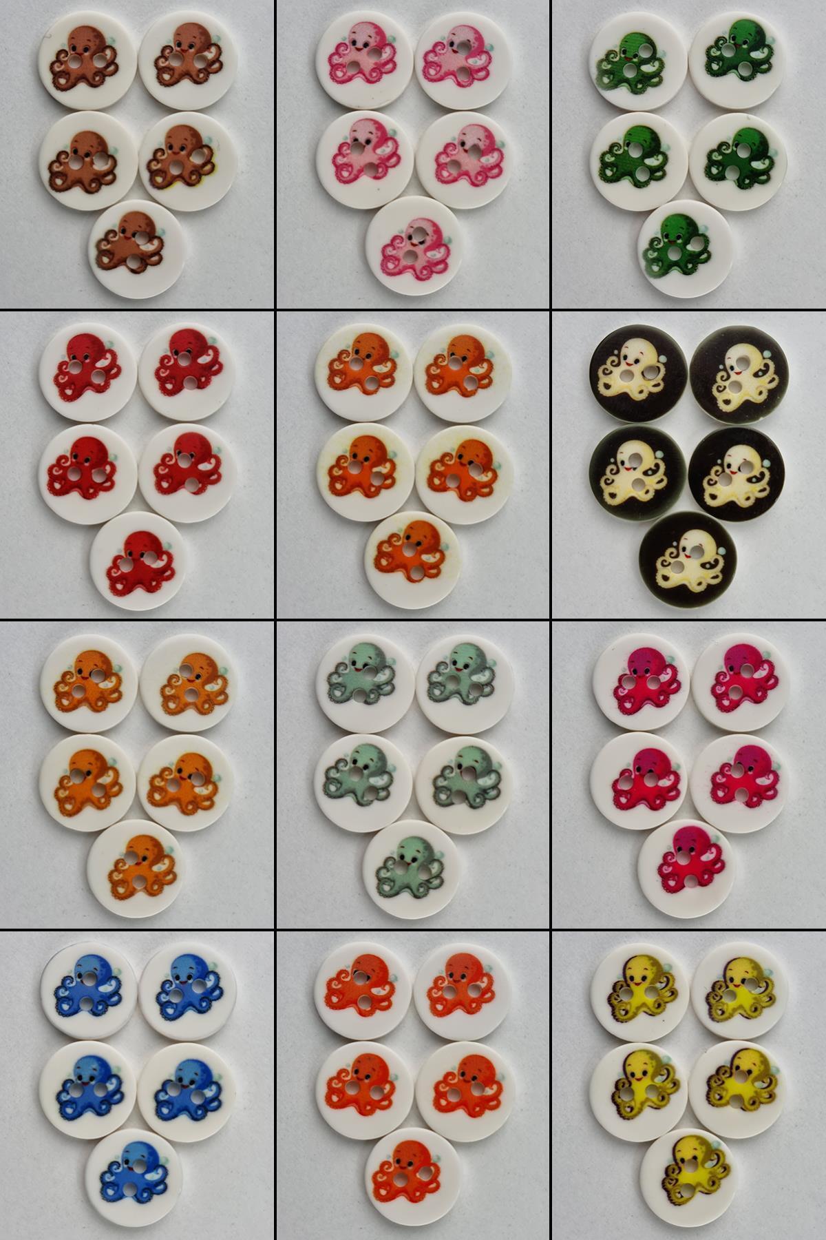 Şirin Yün Ahtapot Desenli Bebek Düğmesi 60 Adet Her Renkten 5 Adet